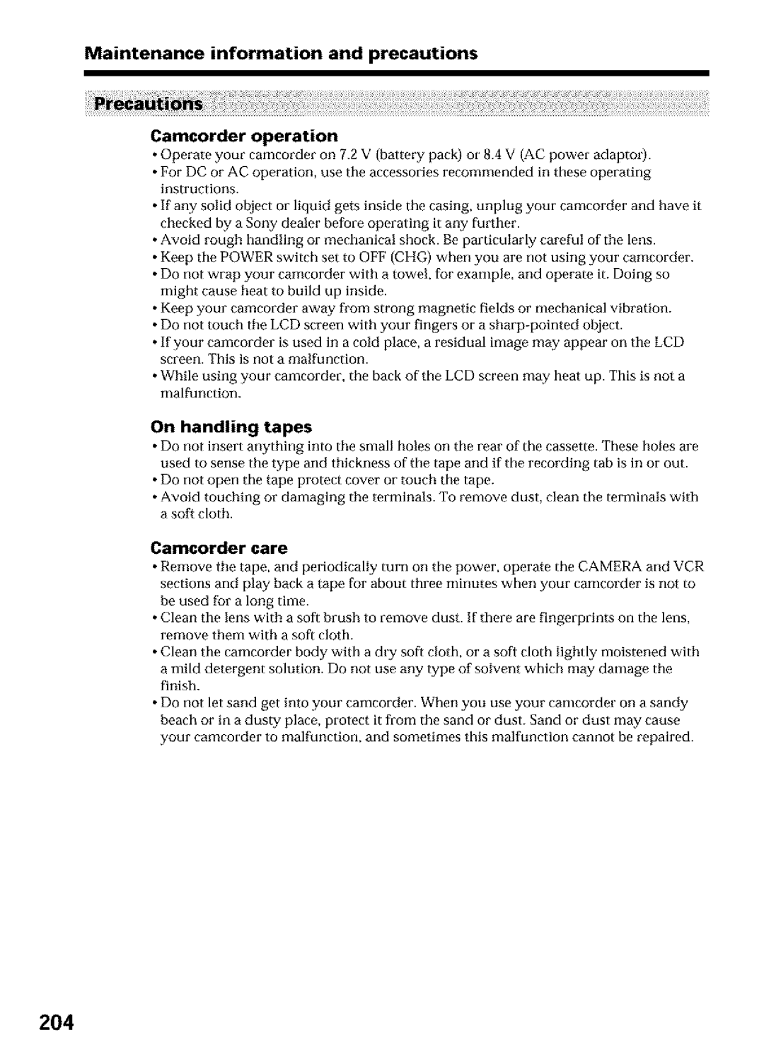 Sony DCR-TRV25, DCR-TRV27, DCR-TRV16 operating instructions 204, Camcorder operation, On handling tapes, Camcorder care 