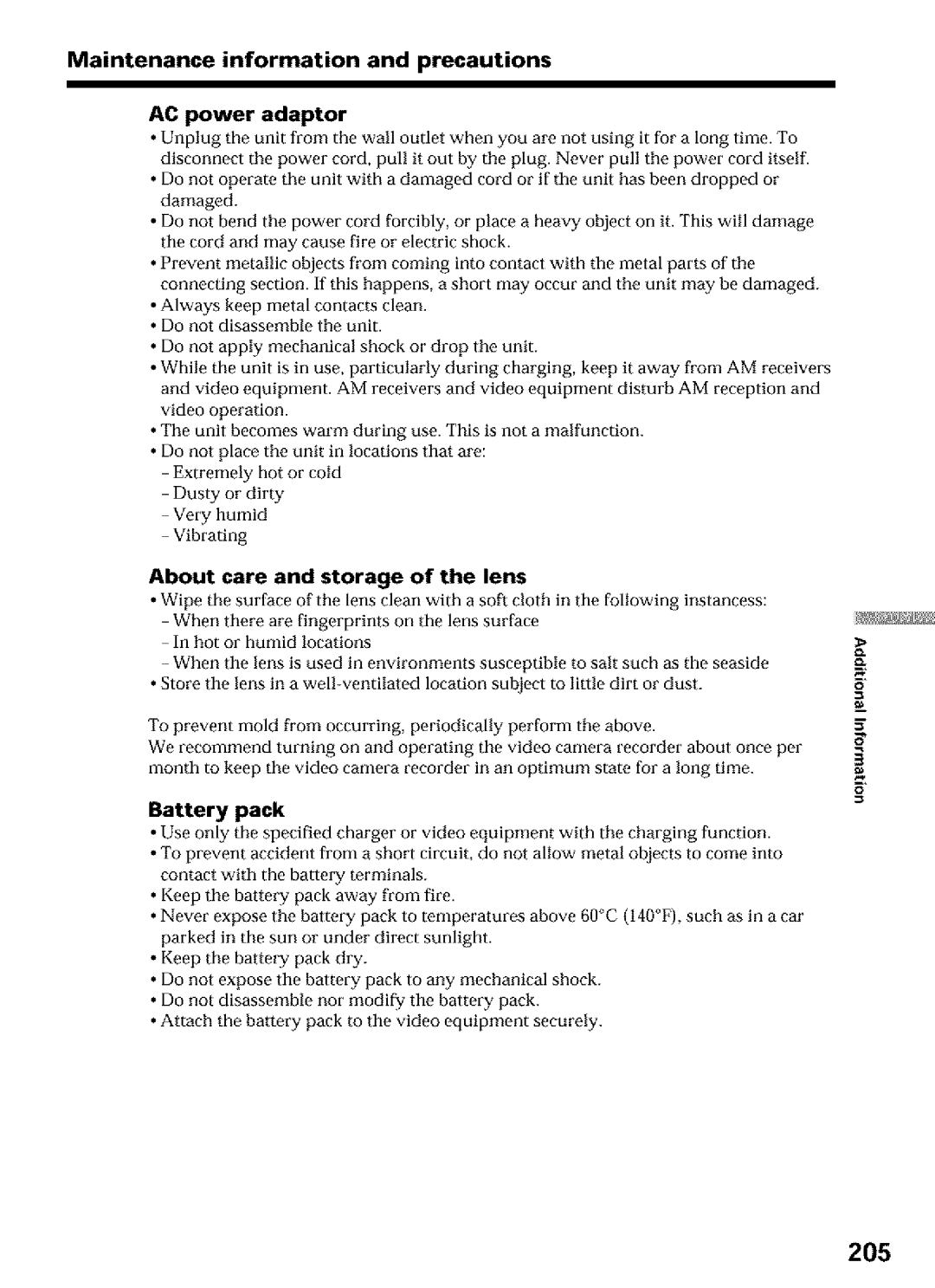 Sony DCR-TRV27, DCR-TRV25, DCR-TRV16 205, Battery pack, AC power adaptor, About care and storage of the lens 