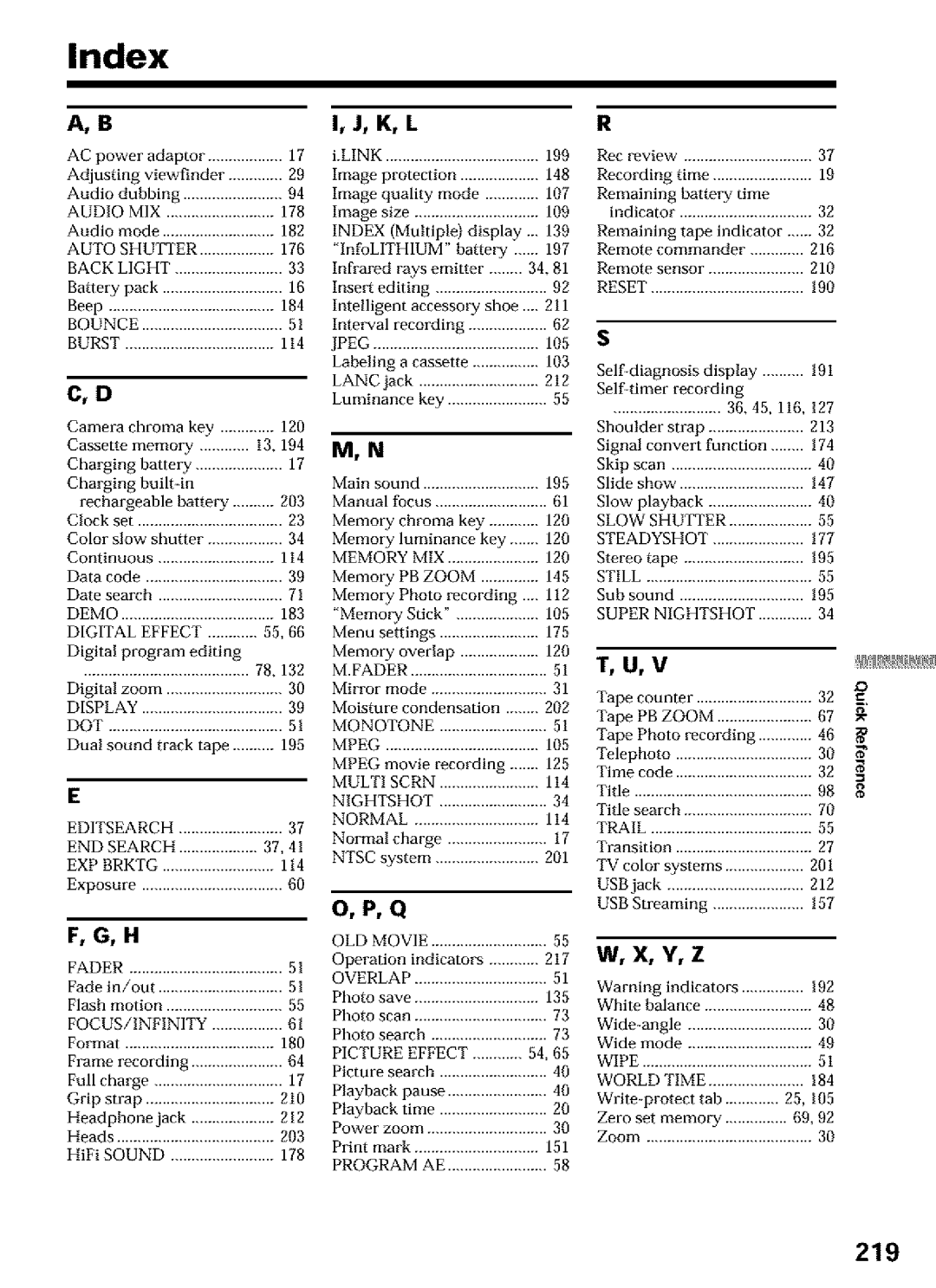 Sony DCR-TRV25, DCR-TRV27, DCR-TRV16 operating instructions Index, 219 