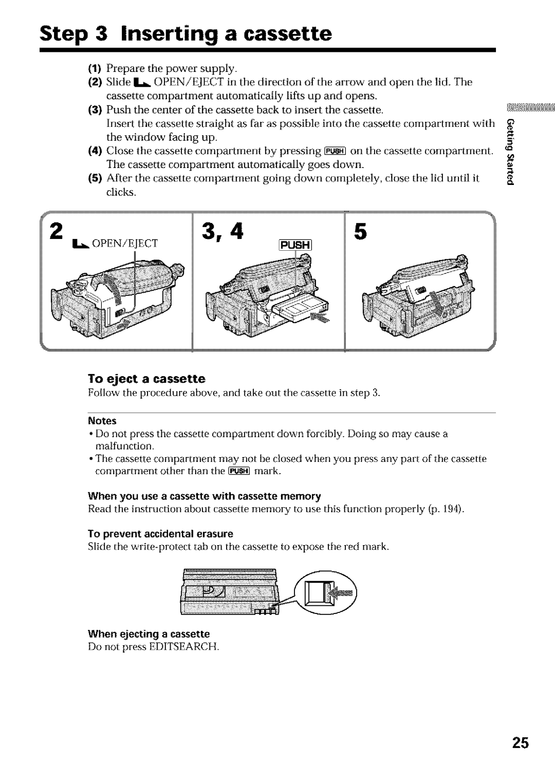 Sony DCR-TRV27, DCR-TRV25 Inserting a cassette, To eject a cassette, When you use a cassette with cassette memory 