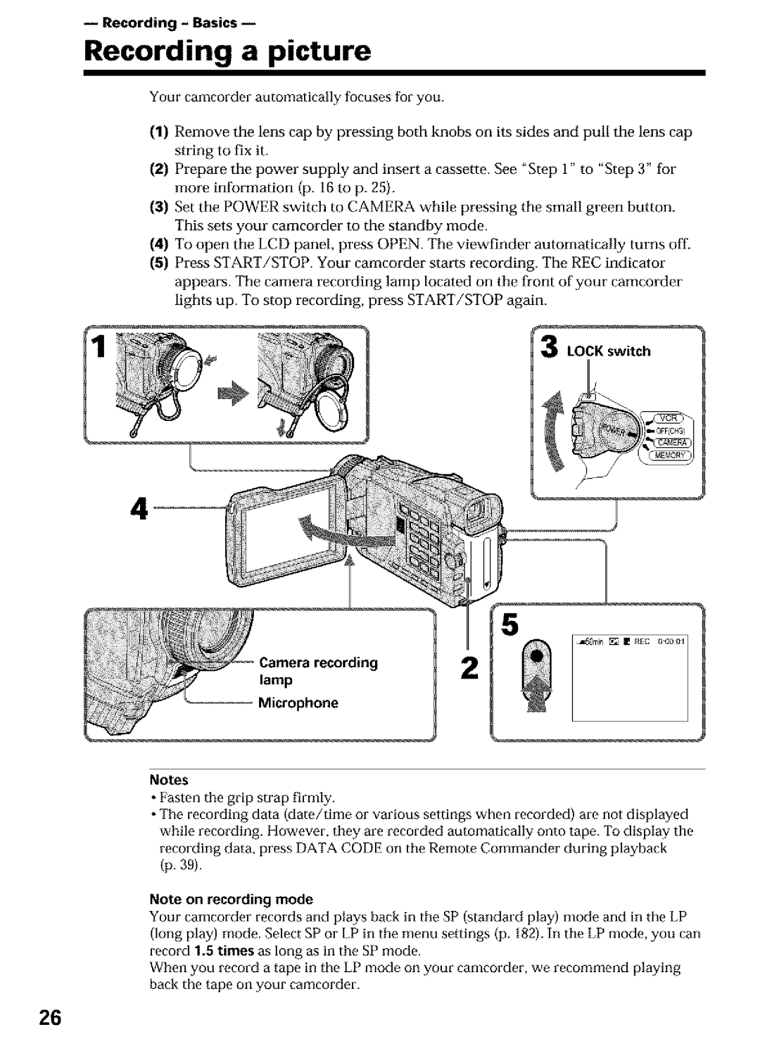 Sony DCR-TRV16, DCR-TRV25, DCR-TRV27 operating instructions Recording Basics, Lock switch 