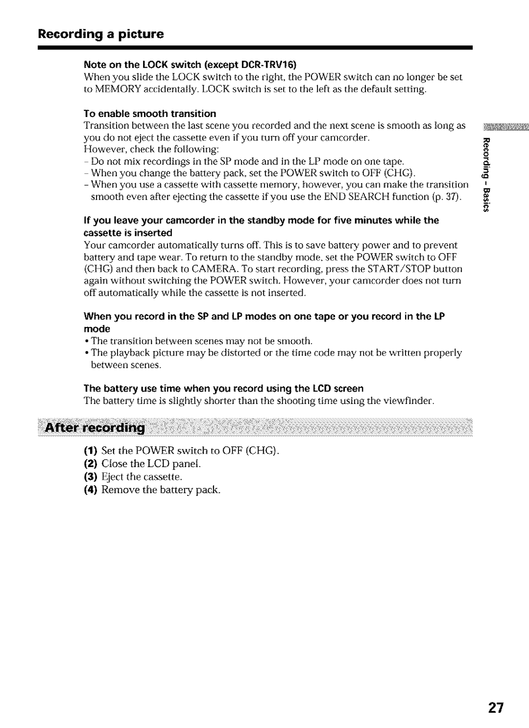 Sony DCR-TRV25 Recording a picture, To enable Smooth Transition, Battery use time when you record using the LCD screen 