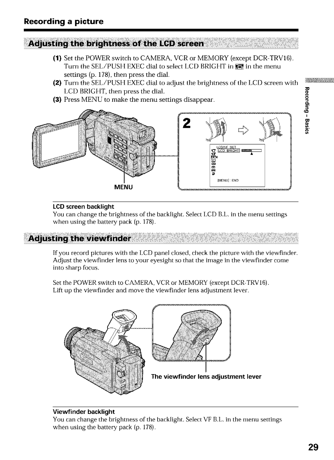 Sony DCR-TRV16, DCR-TRV25, DCR-TRV27 Menu, LCD screen backlight, Viewfinder lens adjustment lever Viewfinder backlight 