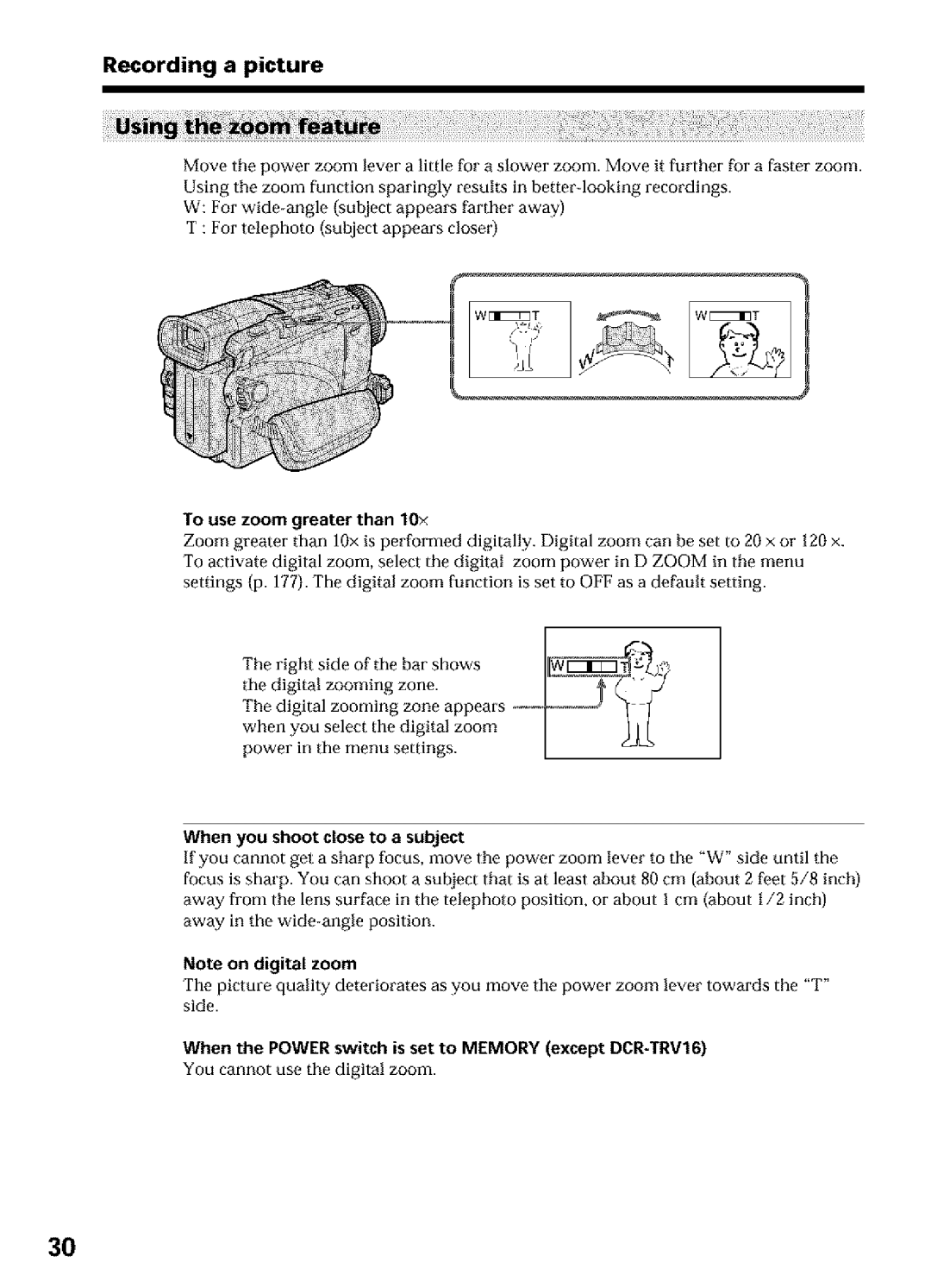 Sony DCR-TRV25, DCR-TRV27, DCR-TRV16 operating instructions To use zoom greater than 10×, When you shoot close to a subject 