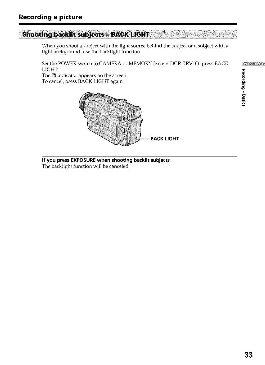 Sony DCR-TRV25, DCR-TRV27, DCR-TRV16 operating instructions If you press Exposure when shooting backlit subjects 