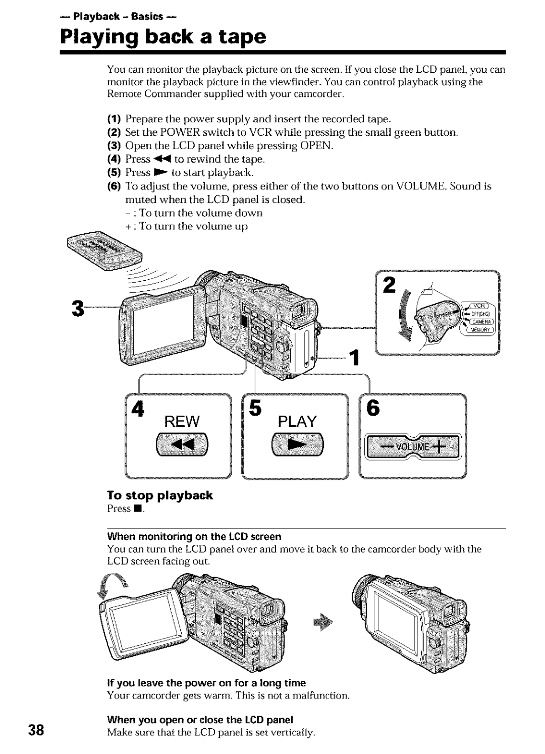 Sony DCR-TRV16, DCR-TRV25, DCR-TRV27 To stop playback, Press, Playback Basics, If you leave the power on for a long time 