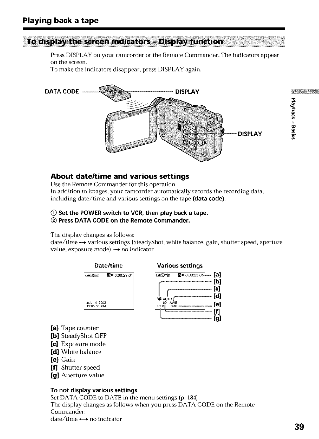 Sony DCR-TRV25 Playing back a tape, Data Code Display, About date/time and various settings, Date/time Various Settings 