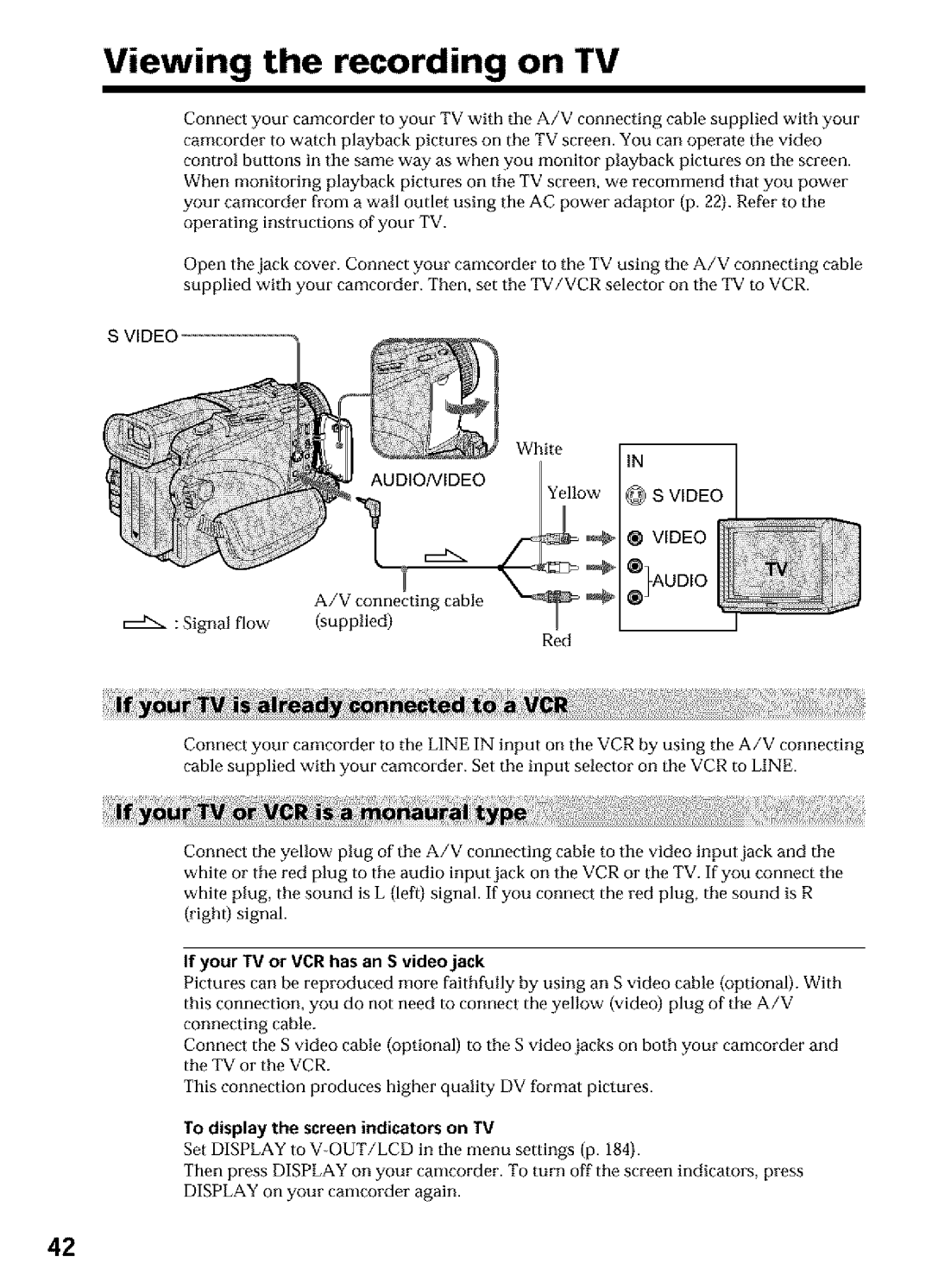 Sony DCR-TRV25, DCR-TRV27 Viewing the recording on TV, Signal flow supplied, If your IV or VCR has an S video jack 