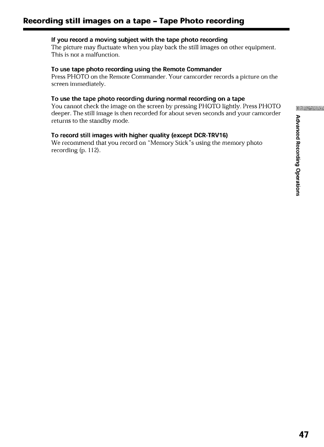 Sony DCR-TRV16, DCR-TRV25, DCR-TRV27 operating instructions Recording still images on a tape Tape Photo recording 