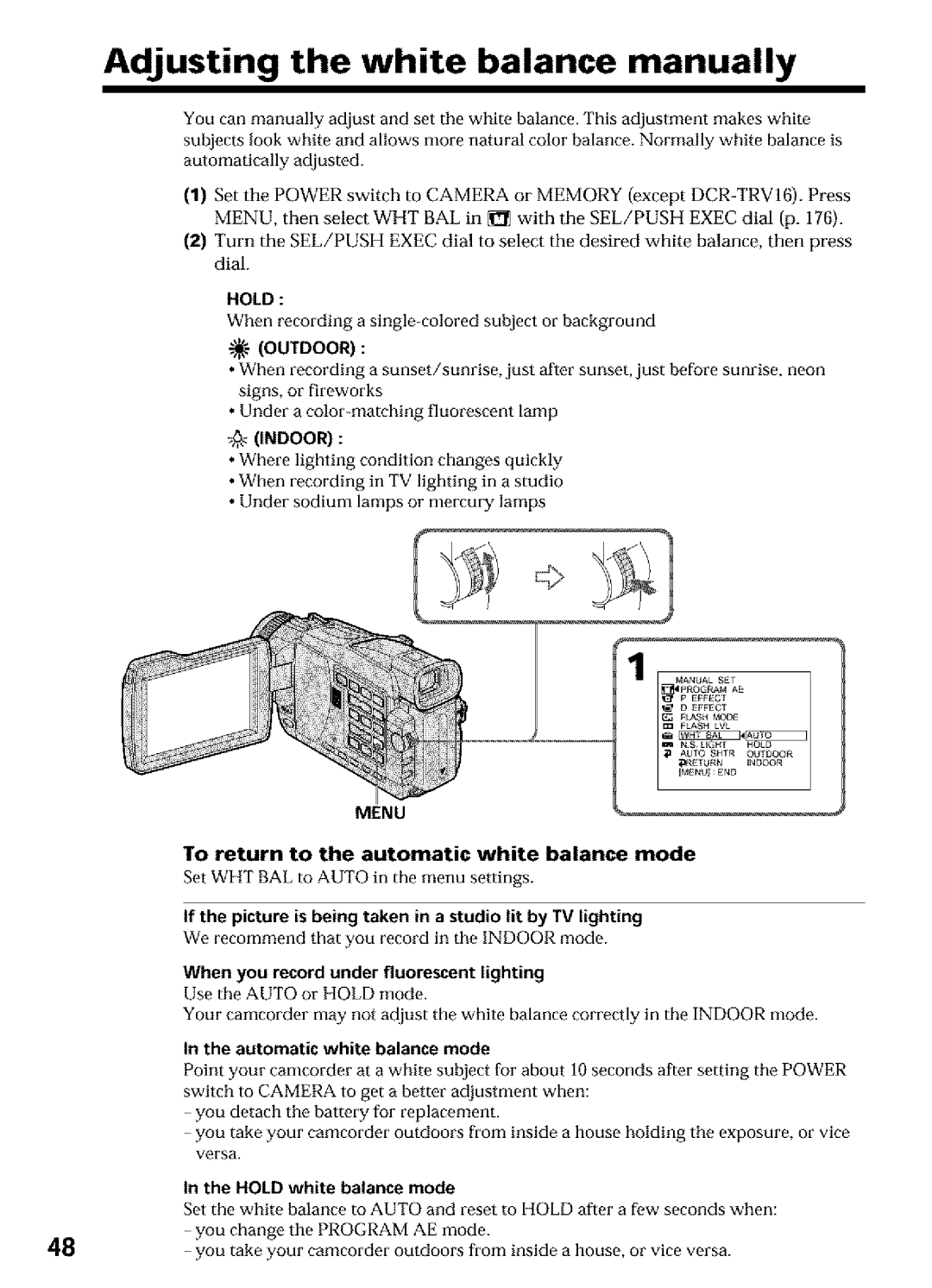 Sony DCR-TRV25, DCR-TRV27 Adjusting the white balance manually, To return to the automatic white balance mode, Hold 