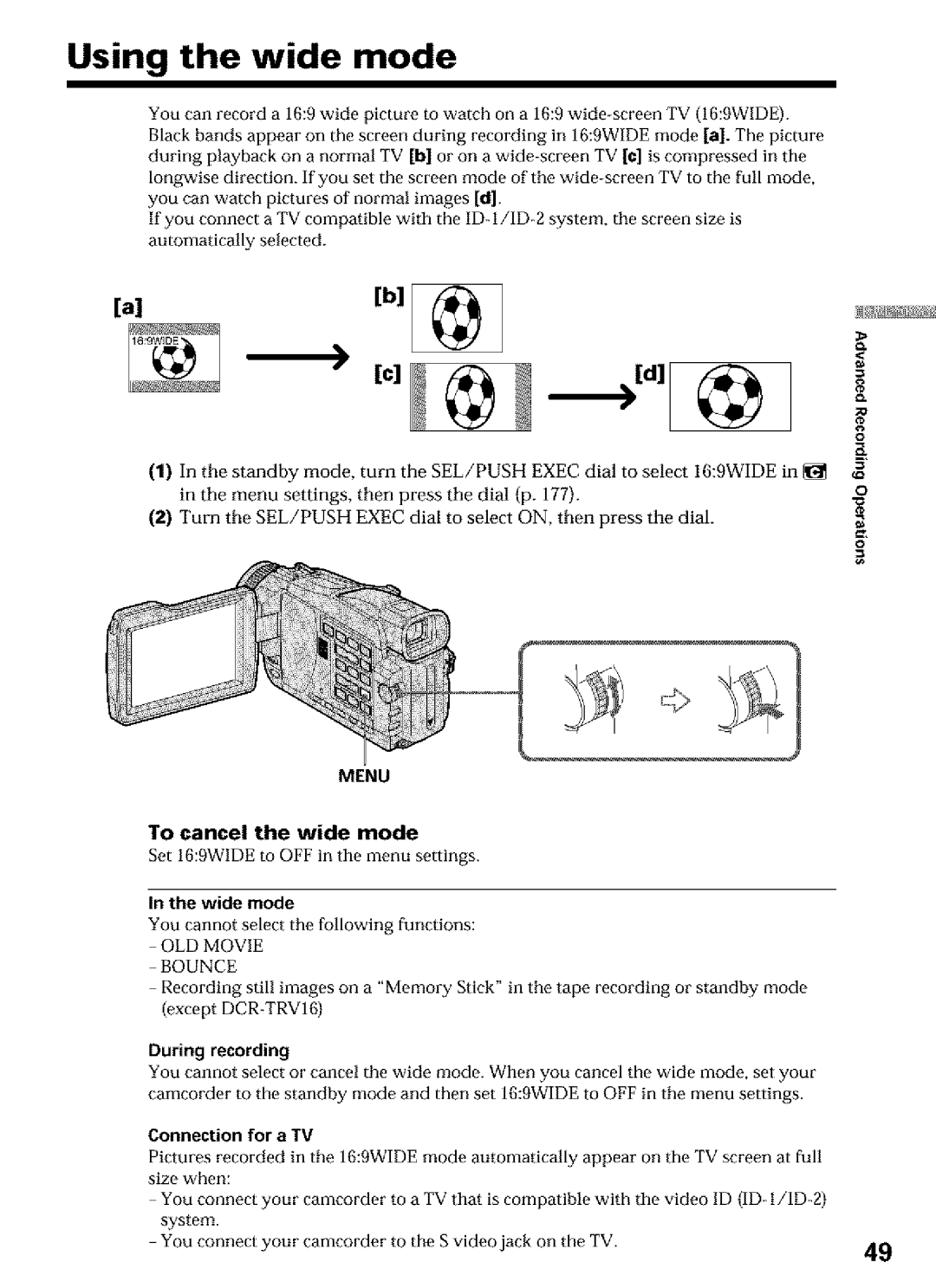 Sony DCR-TRV27 Using the wide mode, To cancel the wide mode, Set 16gWIDE to OFF in tile menu settings, Wide mode 