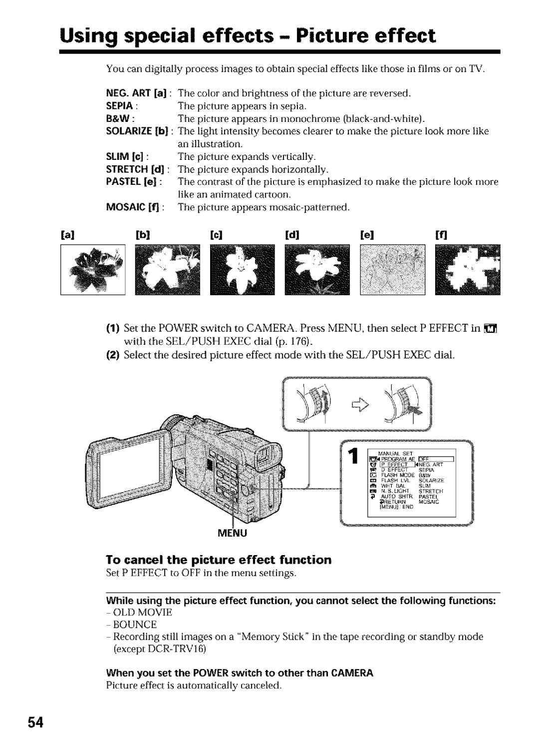 Sony DCR-TRV25, DCR-TRV27, DCR-TRV16 Using special effects Picture effect, To cancel the picture effect function 