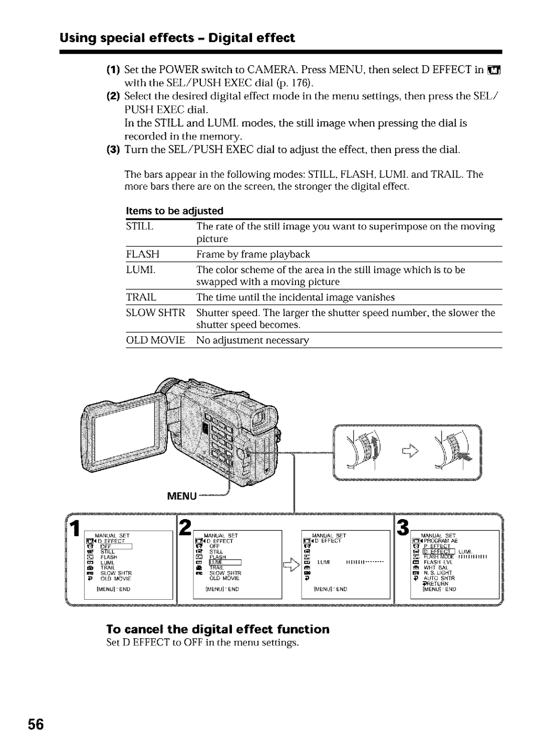 Sony DCR-TRV16 Using special effects Digital effect, To cancel the digital effect function, Items To be adjusted 