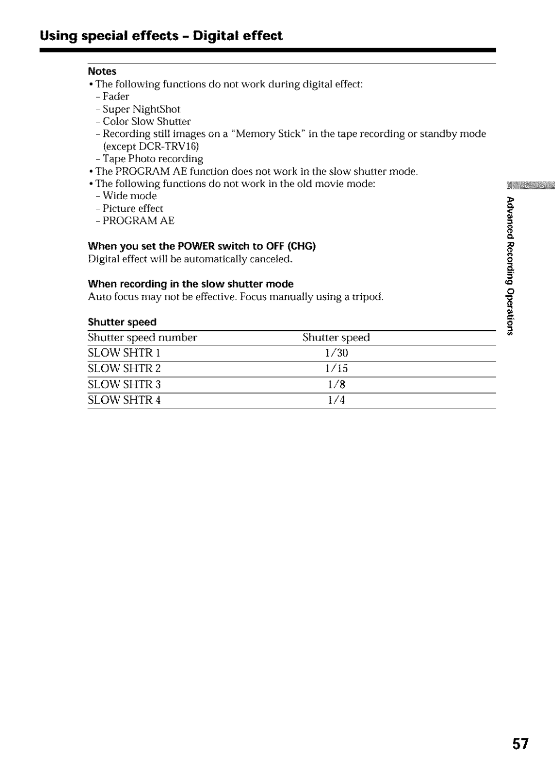 Sony DCR-TRV25 When you set the POWERswitch to Offchg, Digital effect will he automatically canceled, Shutter speed 