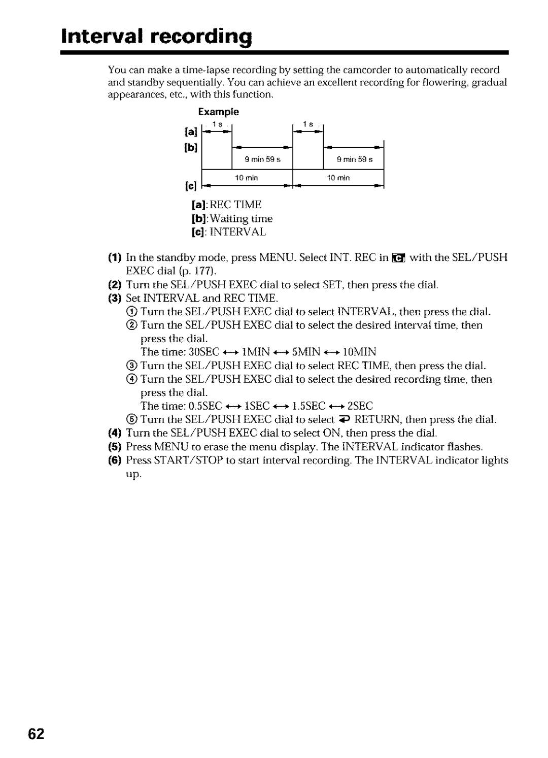 Sony DCR-TRV16, DCR-TRV25, DCR-TRV27 operating instructions Interval recording, Example, HiWaiting time c Interval 