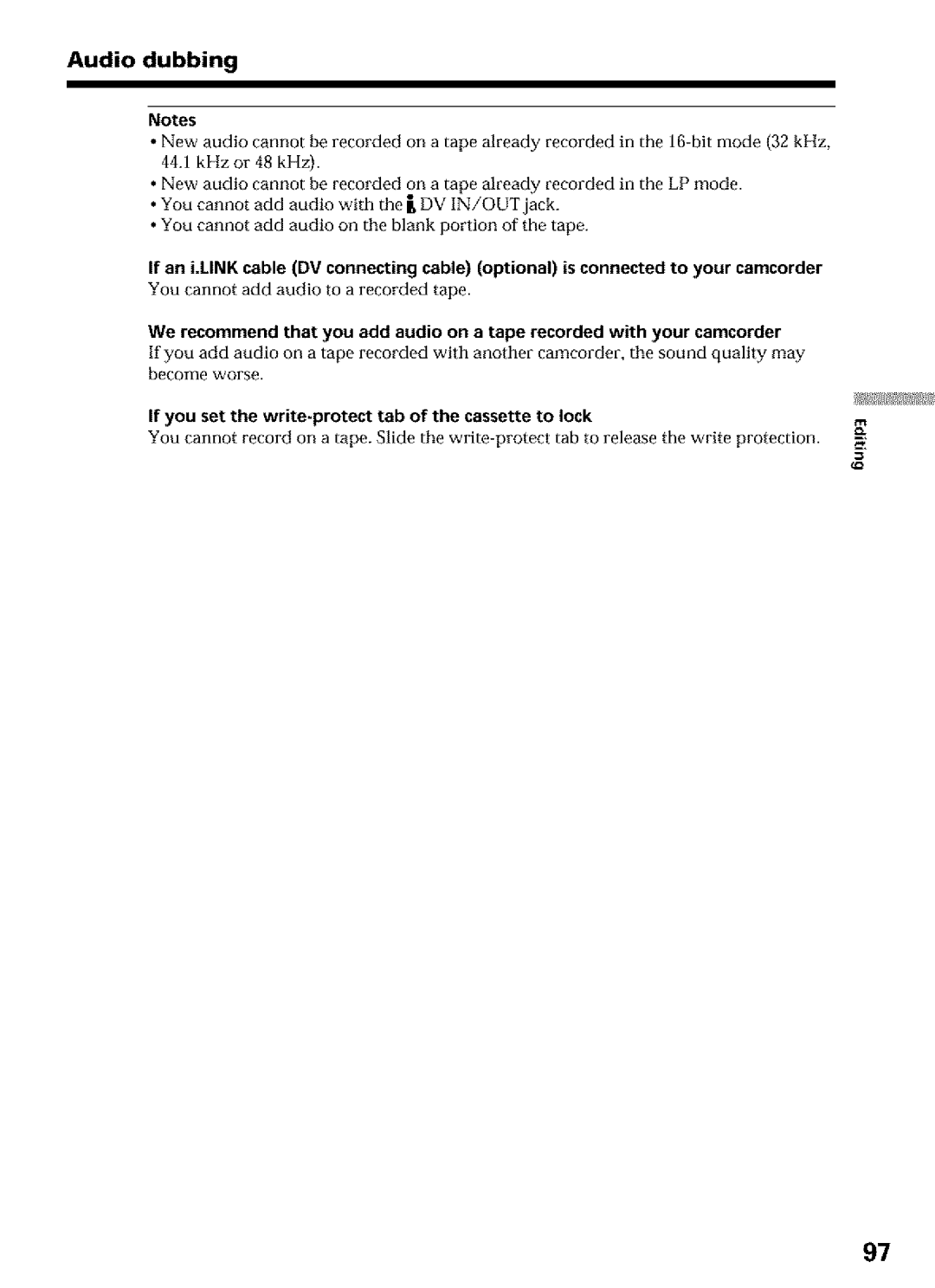 Sony DCR-TRV27, DCR-TRV25, DCR-TRV16 operating instructions If you set the write-protect tab of the cassette to lock 