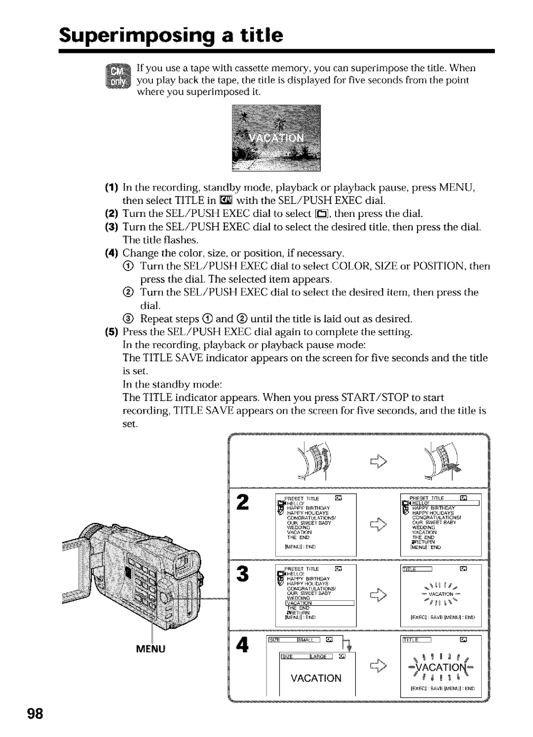 Sony DCR-TRV16, DCR-TRV25, DCR-TRV27 operating instructions Superimposing a title, Menu 