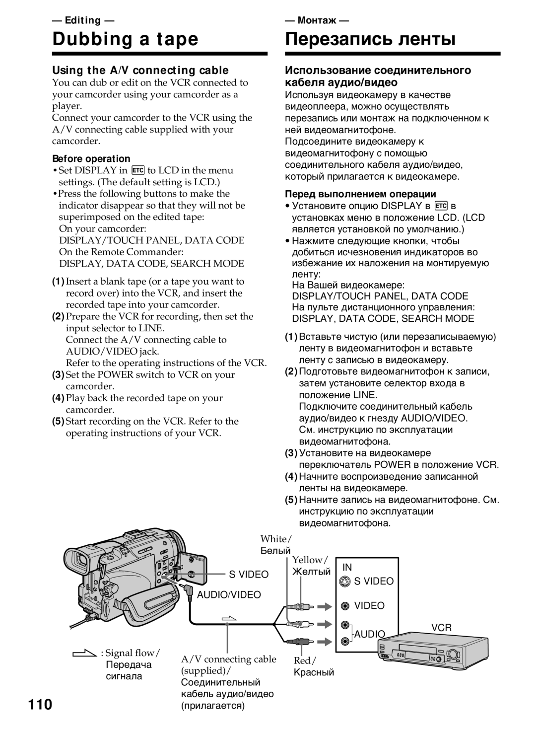 Sony DCR-TRV40E, DCR-TRV50E Dubbing a tape Перезапись ленты, 110, Using the A/V connecting cable, Editing Монтаж 