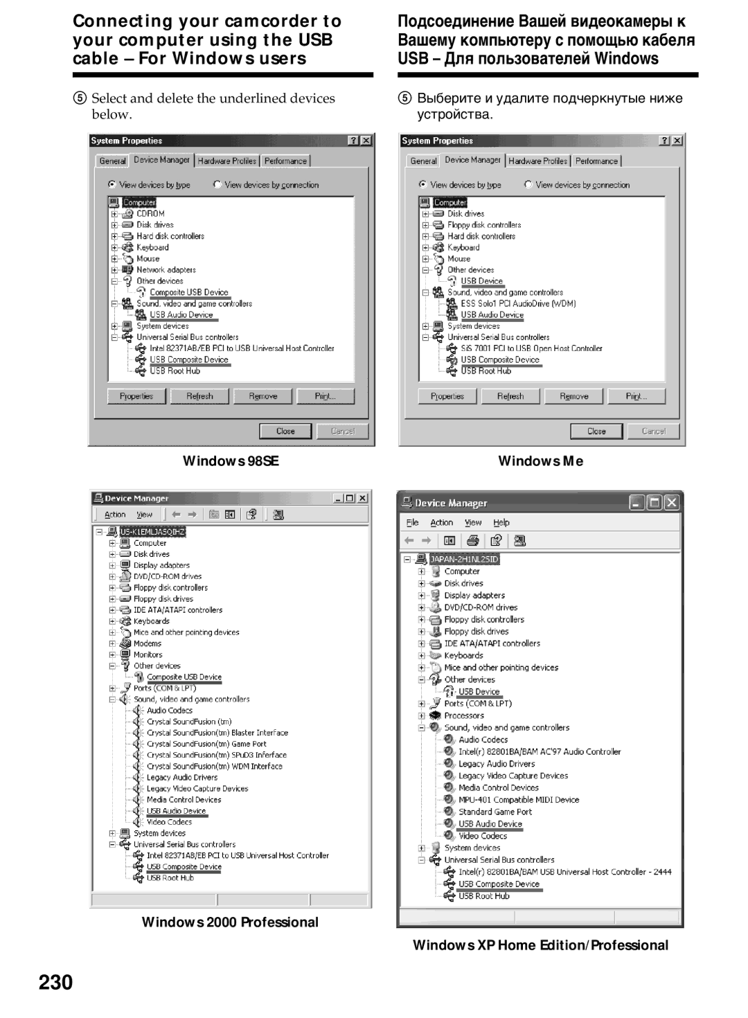 Sony DCR-TRV40E, DCR-TRV50E 230, Windows 98SE Windows 2000 Professional, Выберите и удалите подчеркнутые ниже устройства 