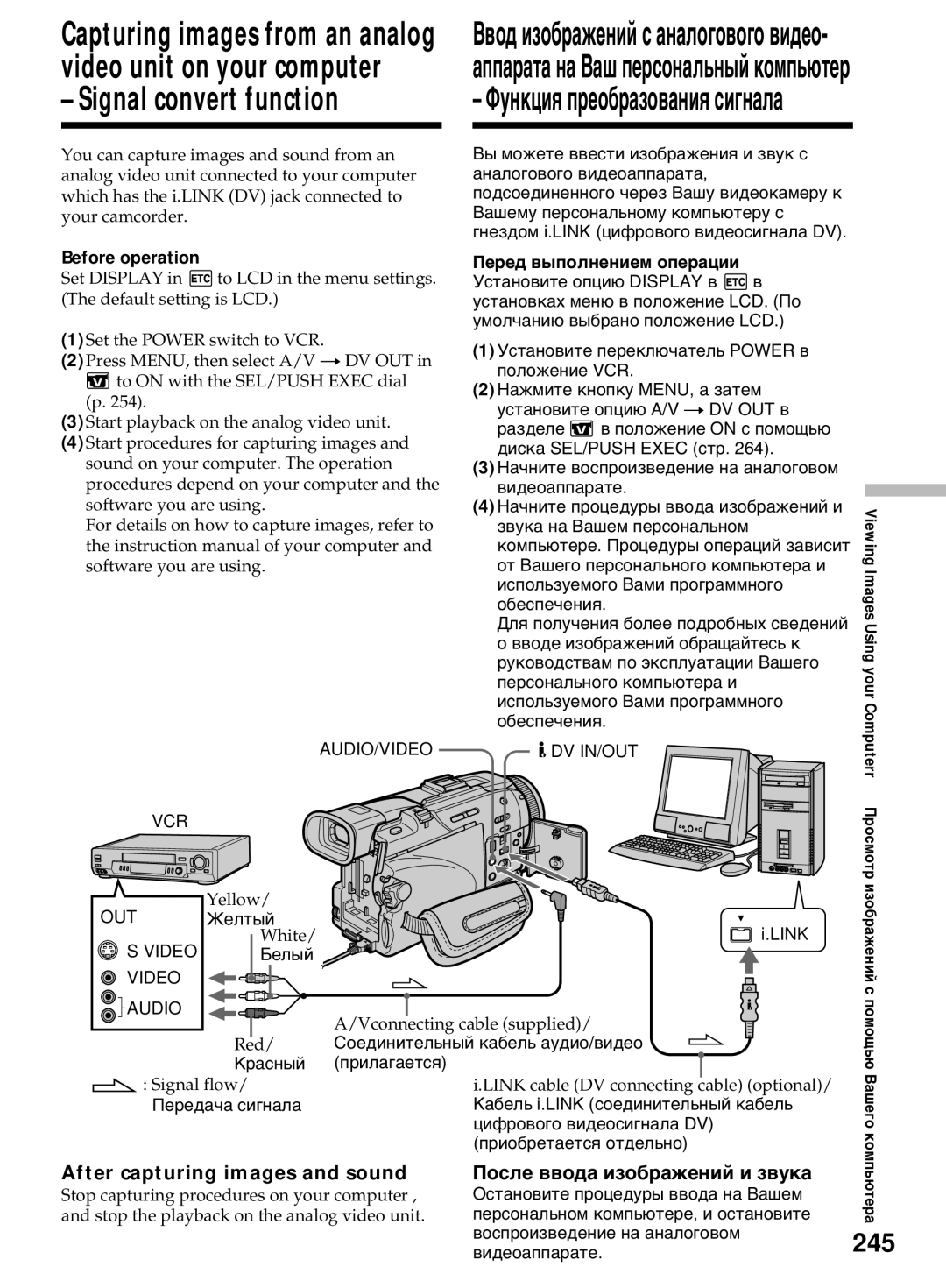 Sony DCR-TRV50E 245, Функция преобразования сигнала, Ввод изображений с аналогового видео, Audio/Video Dv In/Out Vcr 