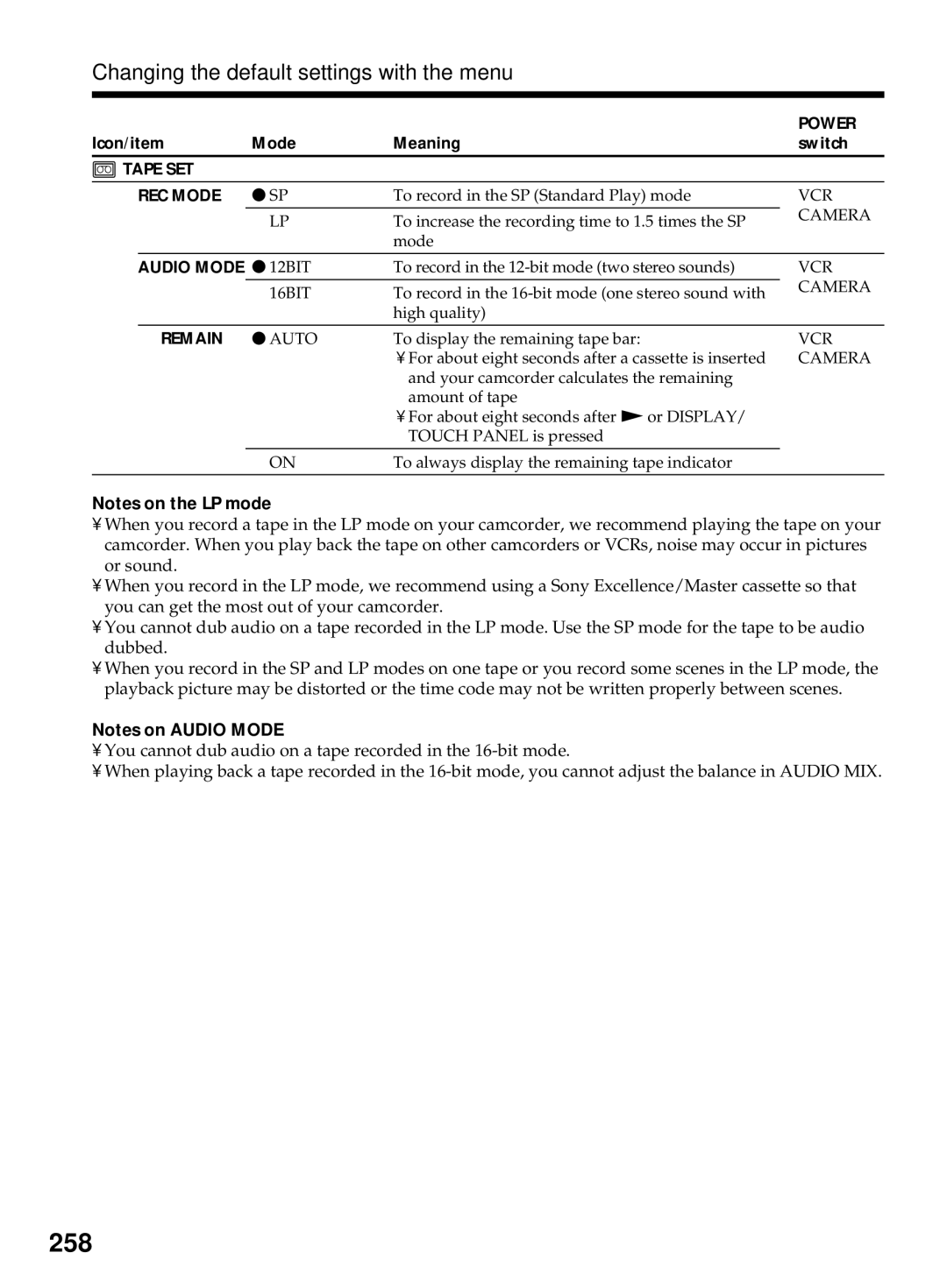 Sony DCR-TRV40E, DCR-TRV50E operating instructions 258, Tape SET REC Mode 