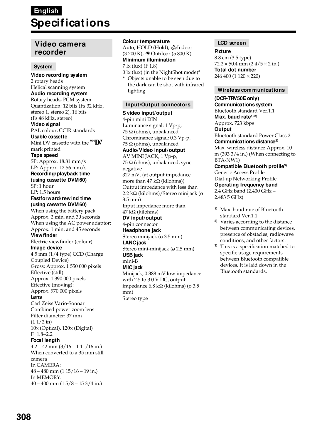 Sony DCR-TRV40E, DCR-TRV50E operating instructions Specifications, 308, Video camera Recorder 