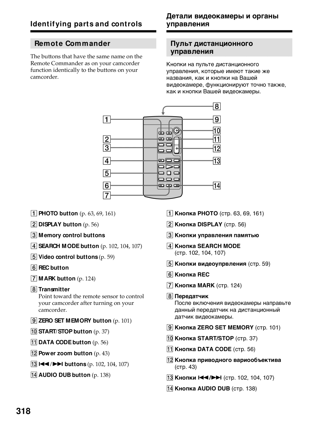 Sony DCR-TRV40E 318, Identifying parts and controls Remote Commander, Zero SET Memory button p, Кнопка Photo стр , 69 