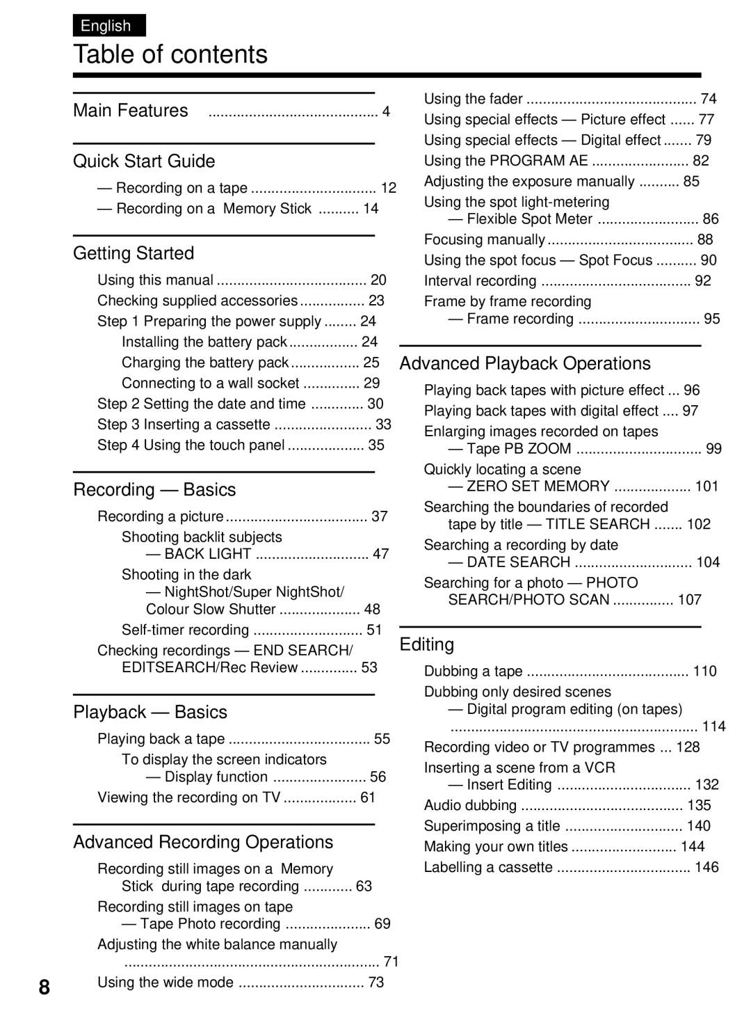 Sony DCR-TRV40E, DCR-TRV50E operating instructions Table of contents 