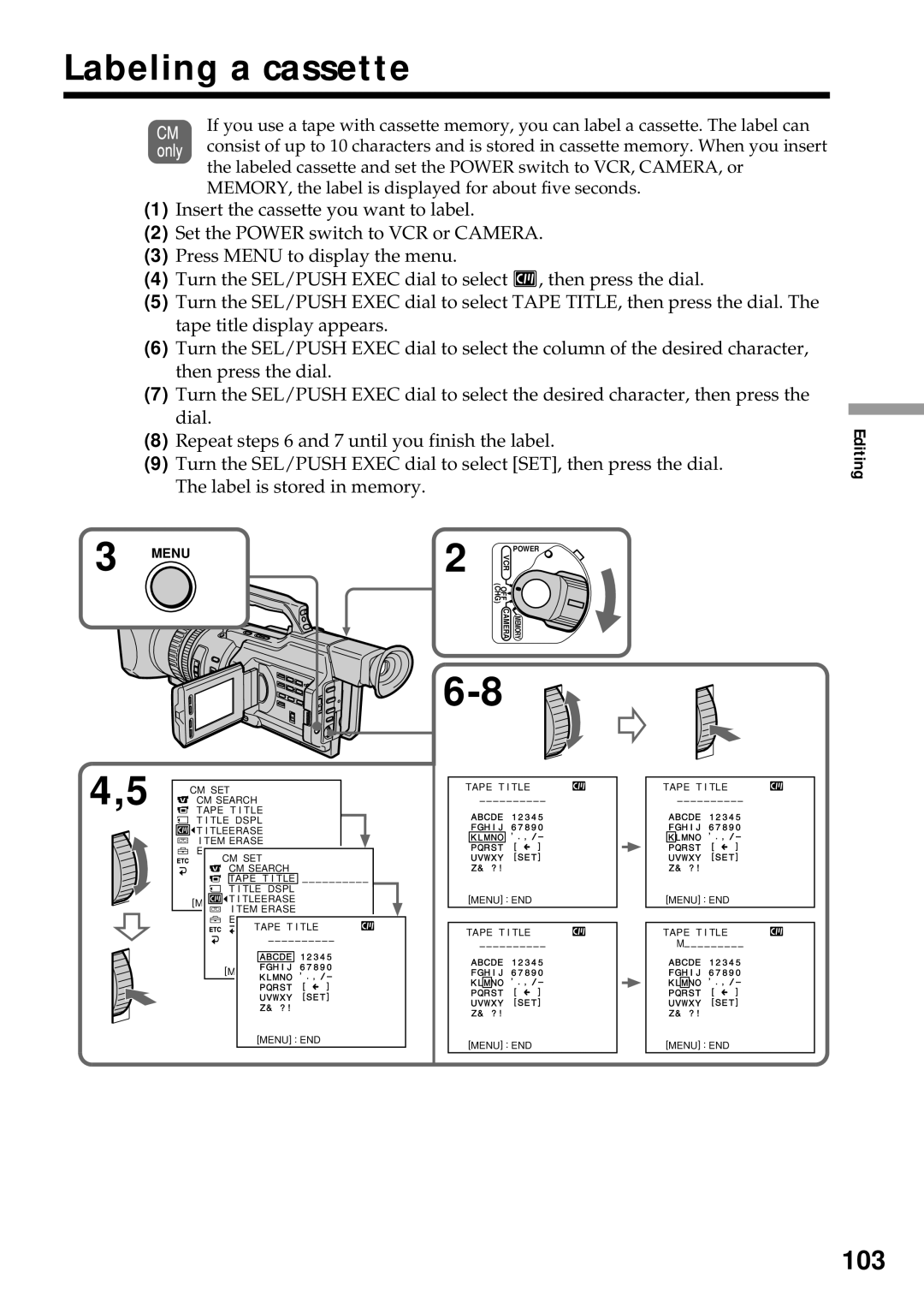 Sony DCR-VX2000 operating instructions Labeling a cassette, 103 