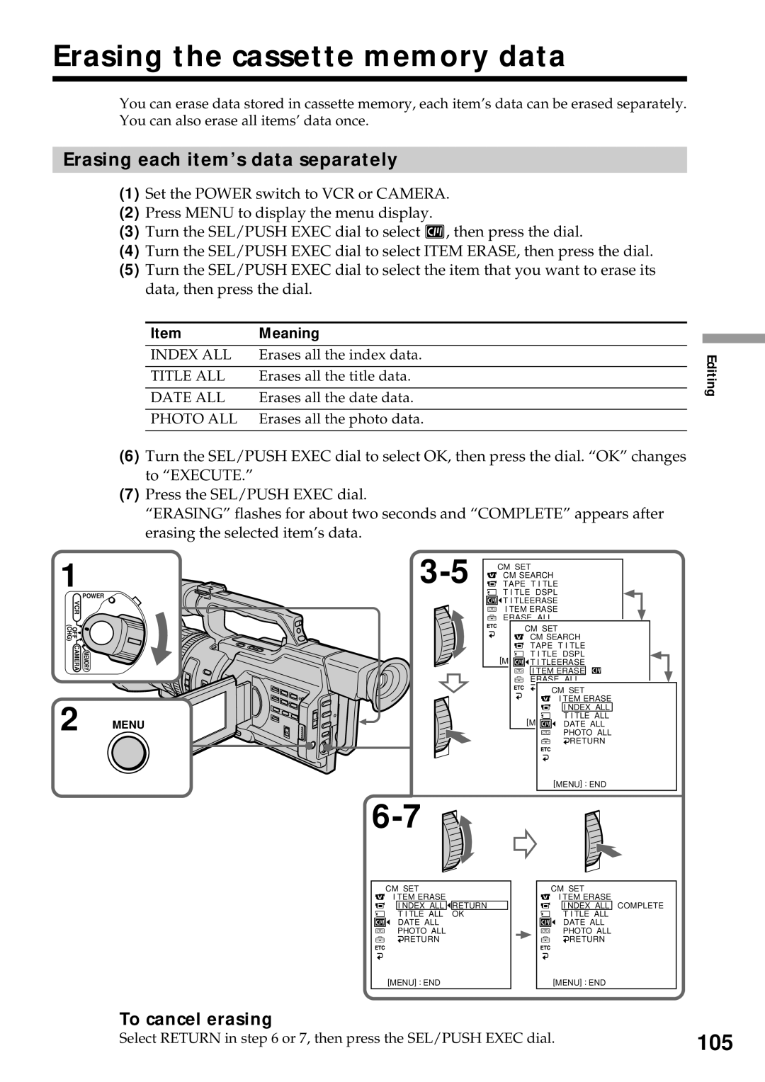 Sony DCR-VX2000 operating instructions Erasing the cassette memory data, 105, Erasing each item’s data separately 