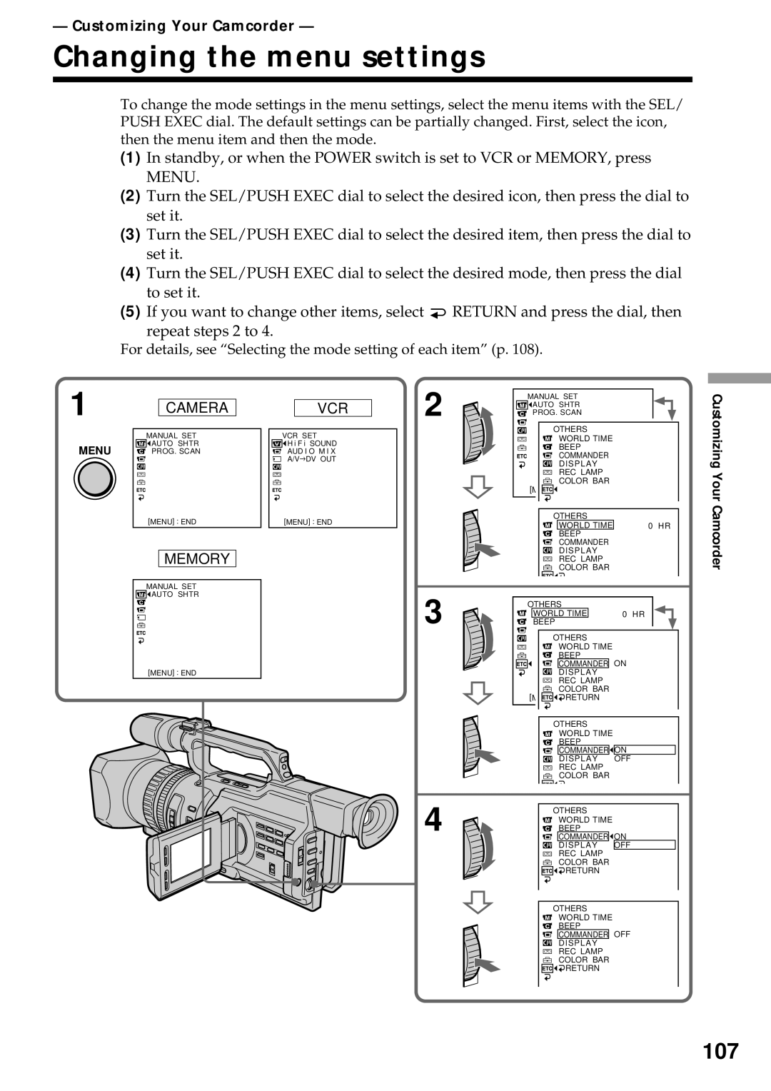 Sony DCR-VX2000 operating instructions Changing the menu settings, 107, Customizing Your Camcorder 