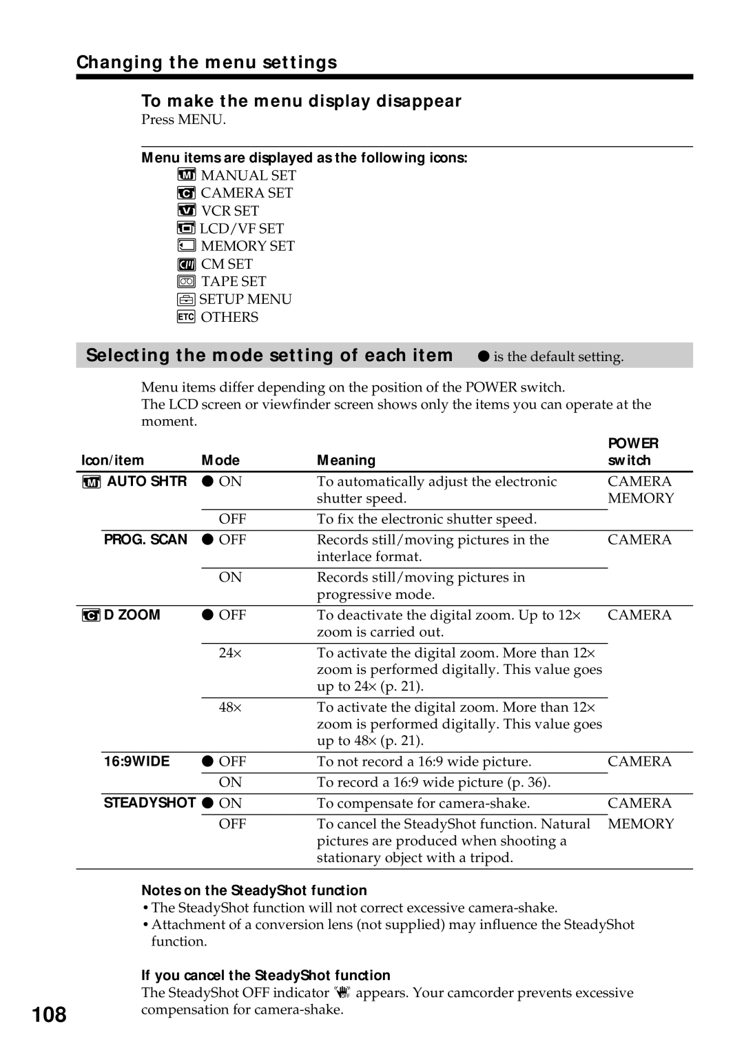 Sony DCR-VX2000 operating instructions Changing the menu settings, To make the menu display disappear 