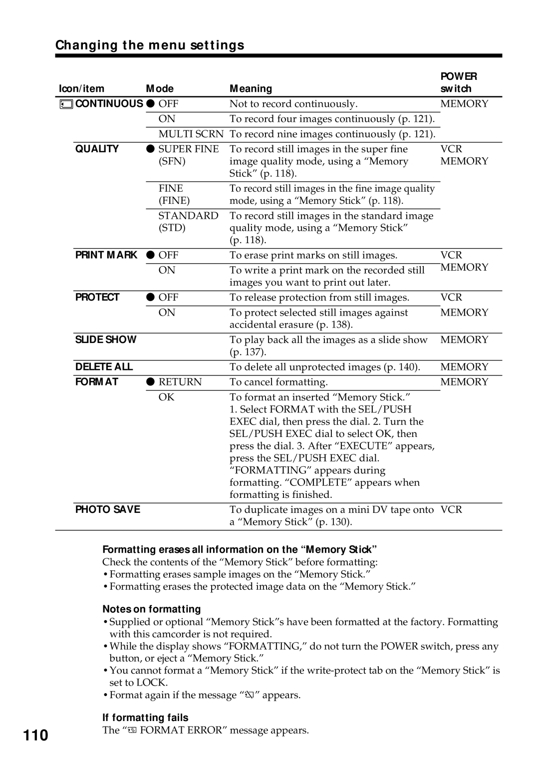 Sony DCR-VX2000 operating instructions Quality, Print Mark, Protect, Slide Show, Delete ALL, Format, Photo Save 