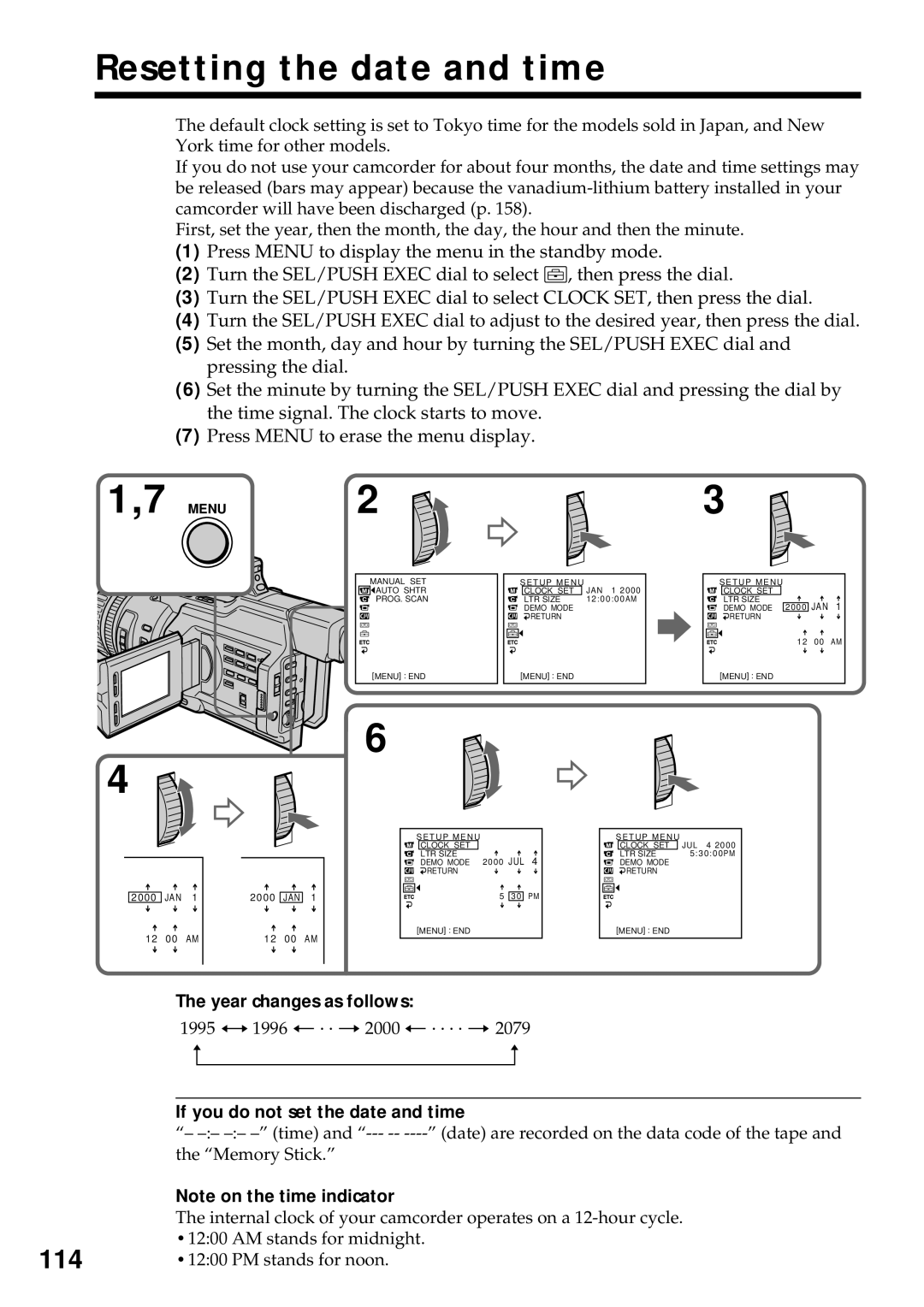 Sony DCR-VX2000 Resetting the date and time, Year changes as follows, If you do not set the date and time 