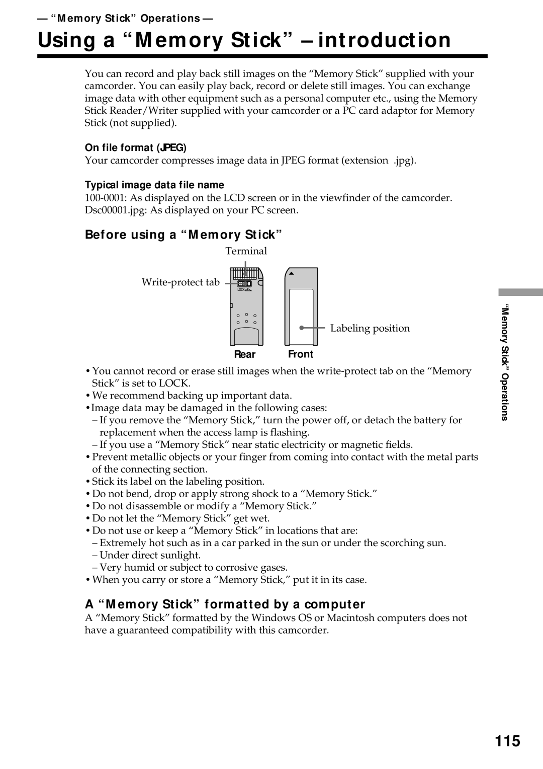 Sony DCR-VX2000 Using a Memory Stick introduction, 115, Before using a Memory Stick, Memory Stick formatted by a computer 