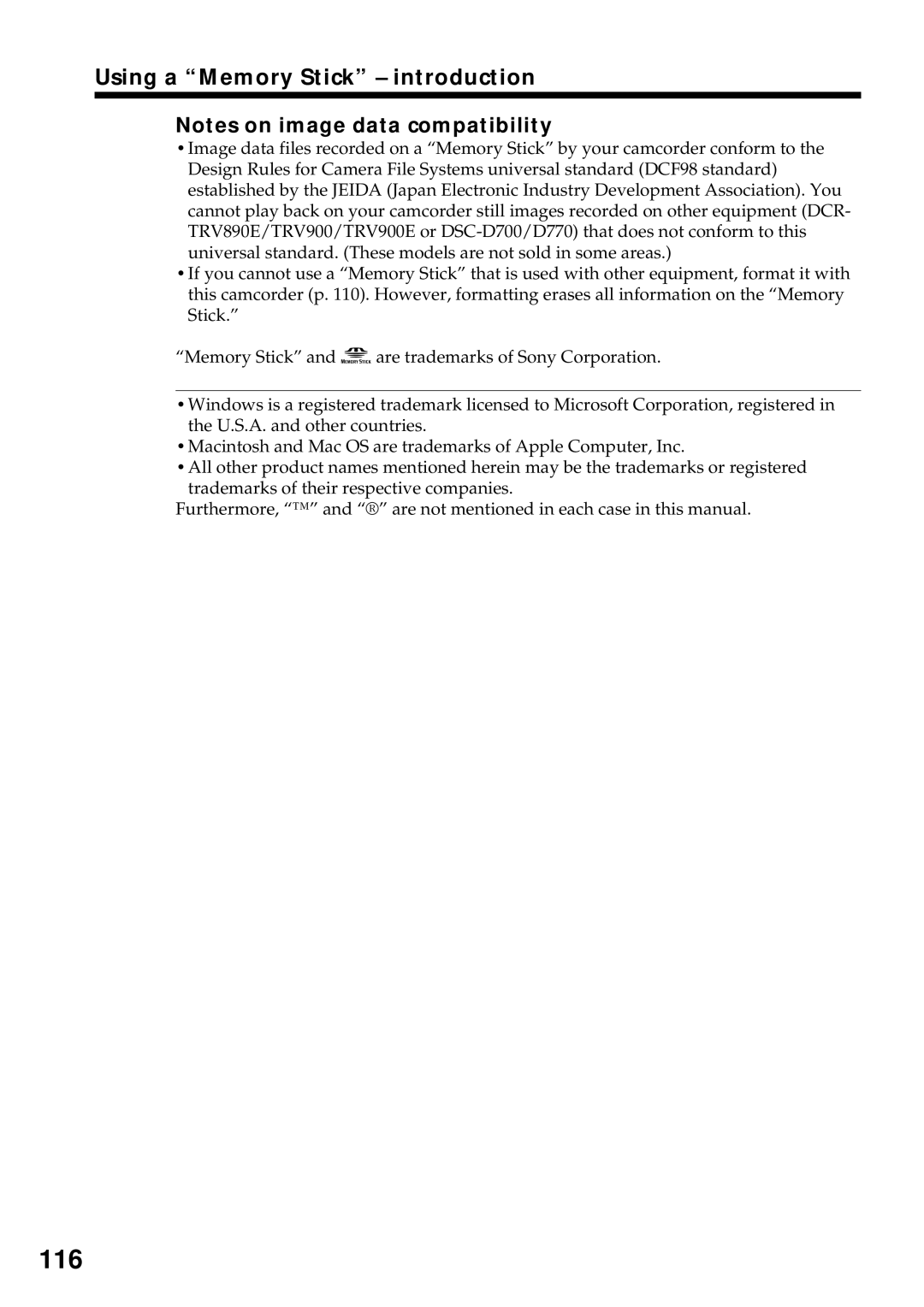 Sony DCR-VX2000 operating instructions 116, Using a Memory Stick introduction 