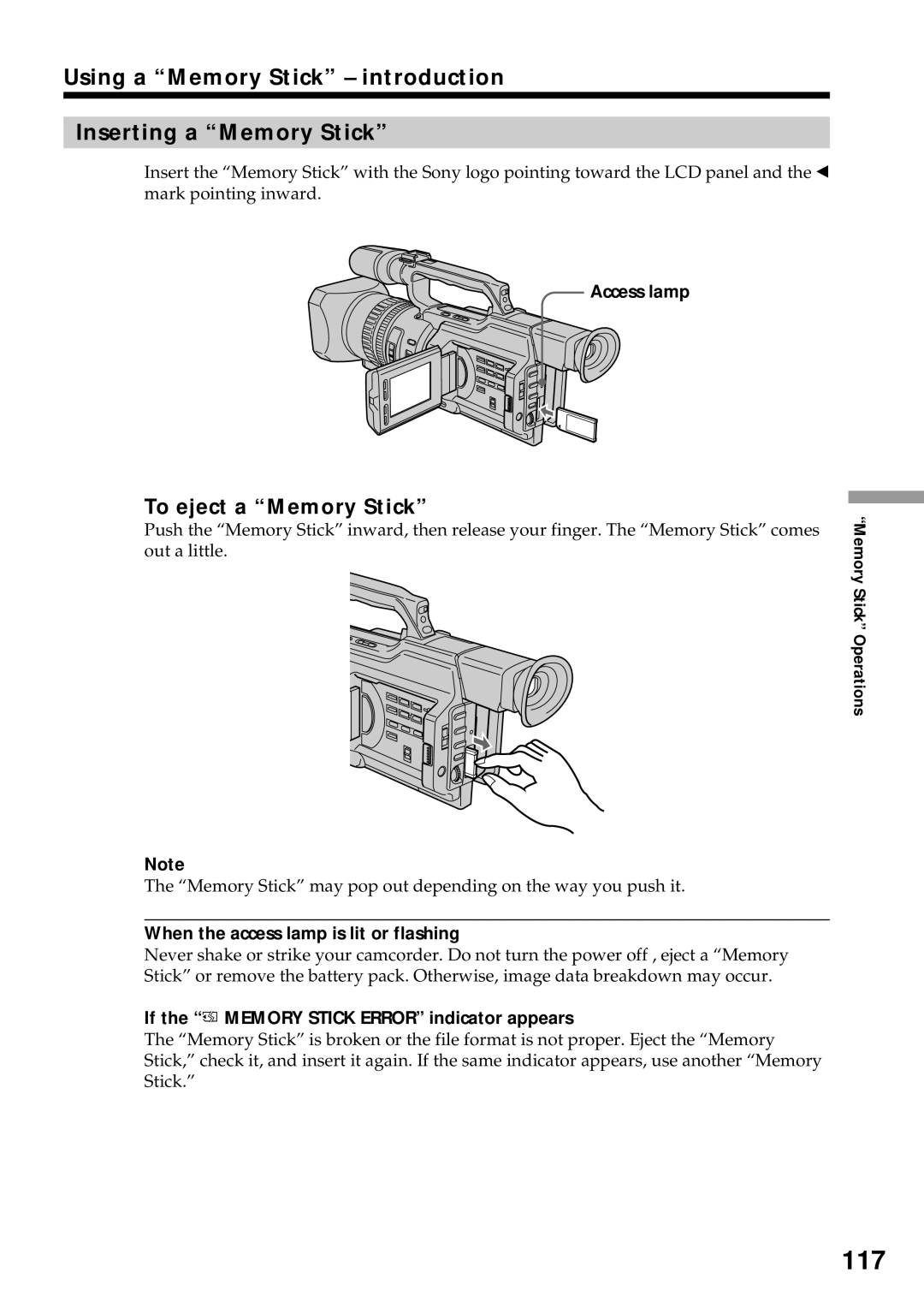 Sony DCR-VX2000 117, Using a Memory Stick introduction Inserting a Memory Stick, To eject a Memory Stick 