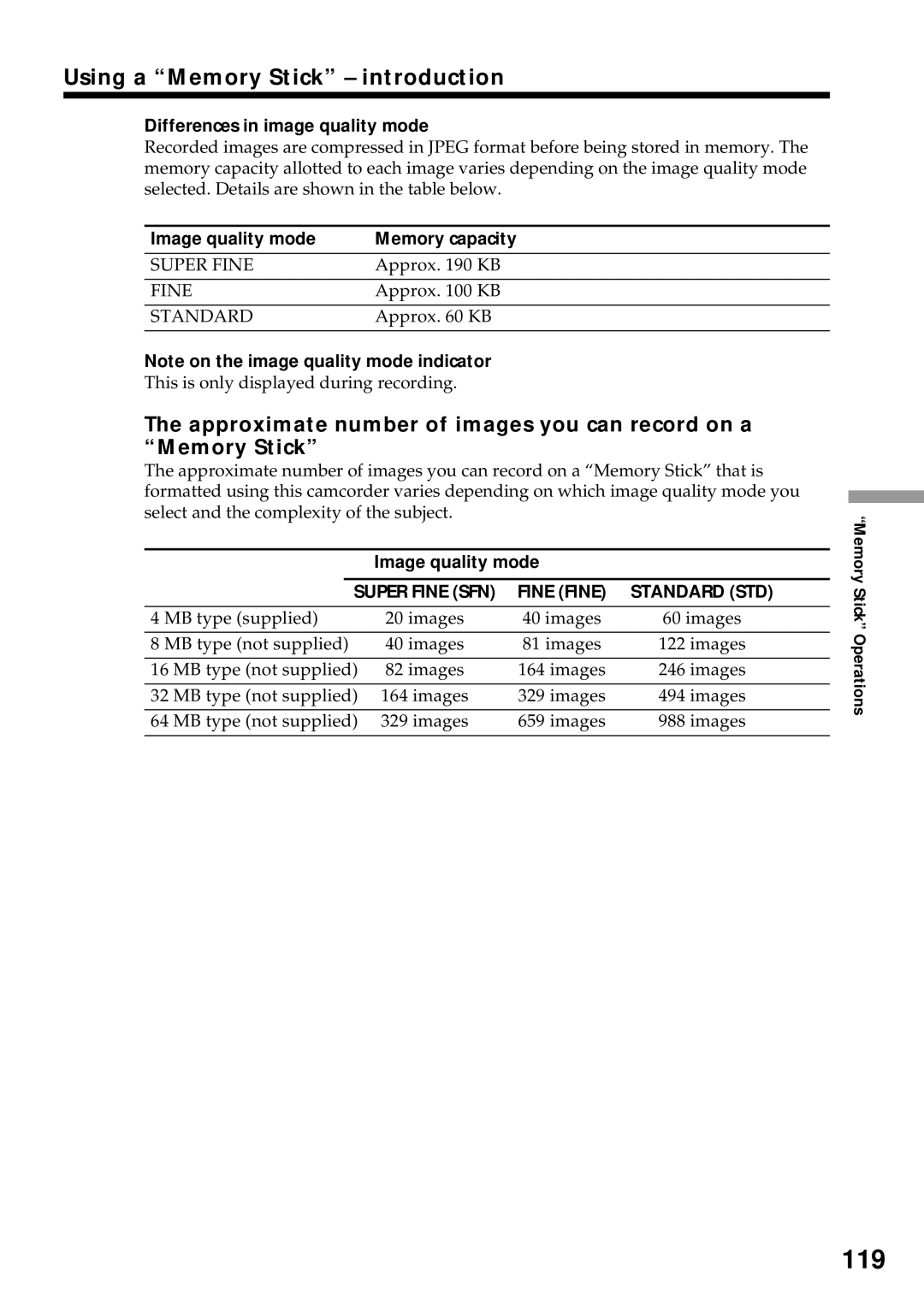 Sony DCR-VX2000 operating instructions 119, Differences in image quality mode, Image quality mode Memory capacity 