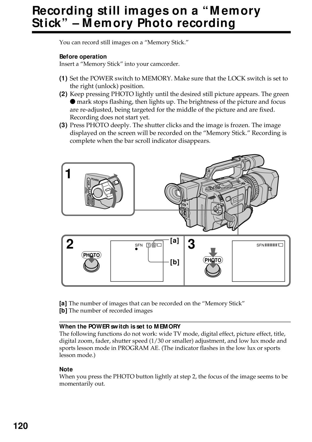 Sony DCR-VX2000 operating instructions 120, Before operation, When the Power switch is set to Memory 