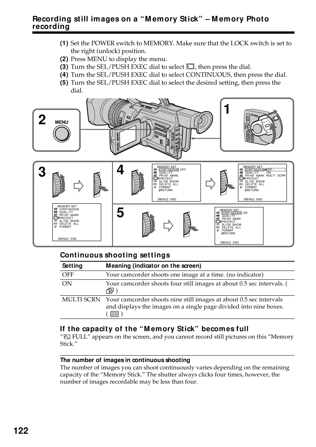 Sony DCR-VX2000 operating instructions 122, Continuous shooting settings, If the capacity of the Memory Stick becomes full 