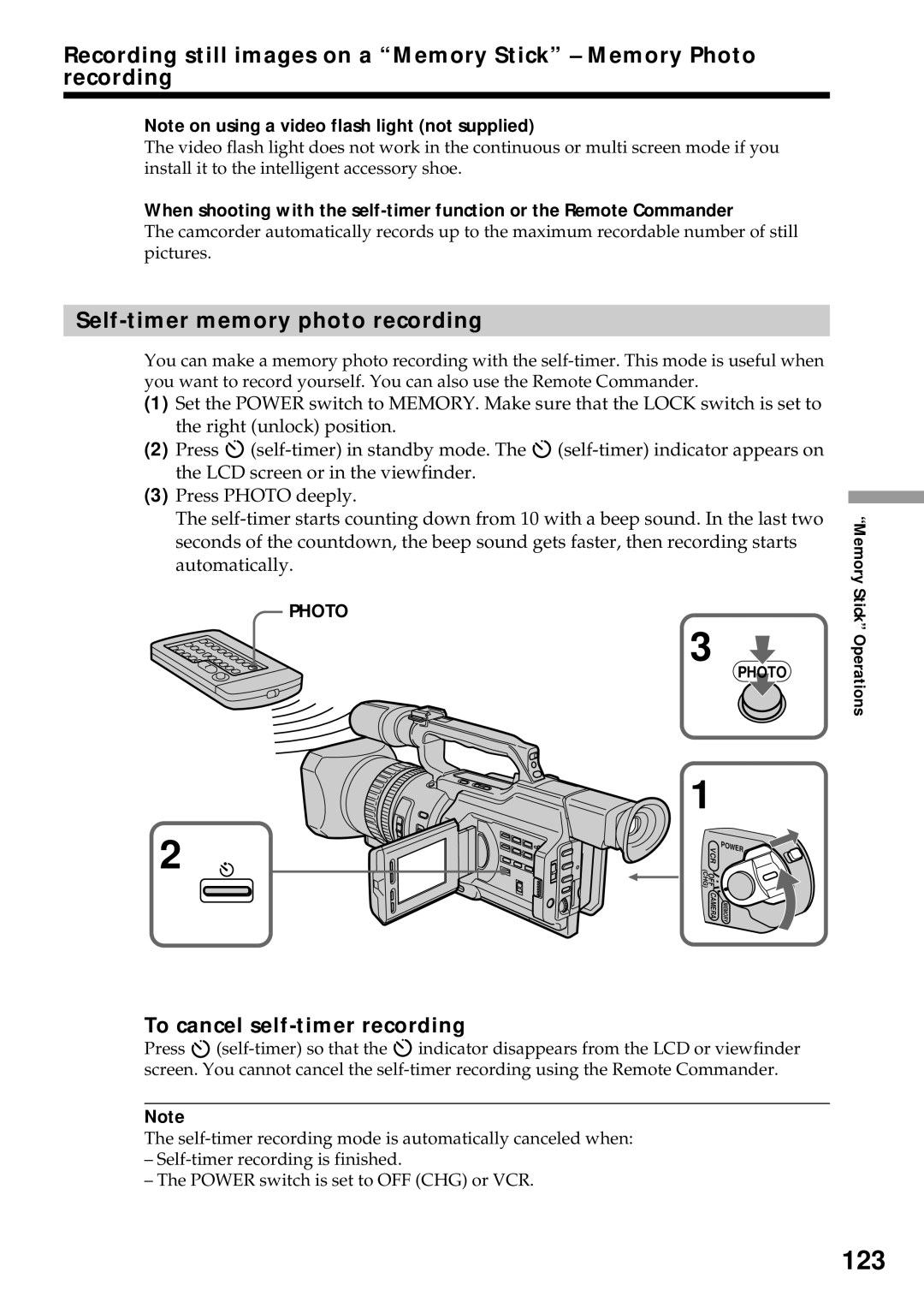 Sony DCR-VX2000 operating instructions 123, Self-timer memory photo recording 