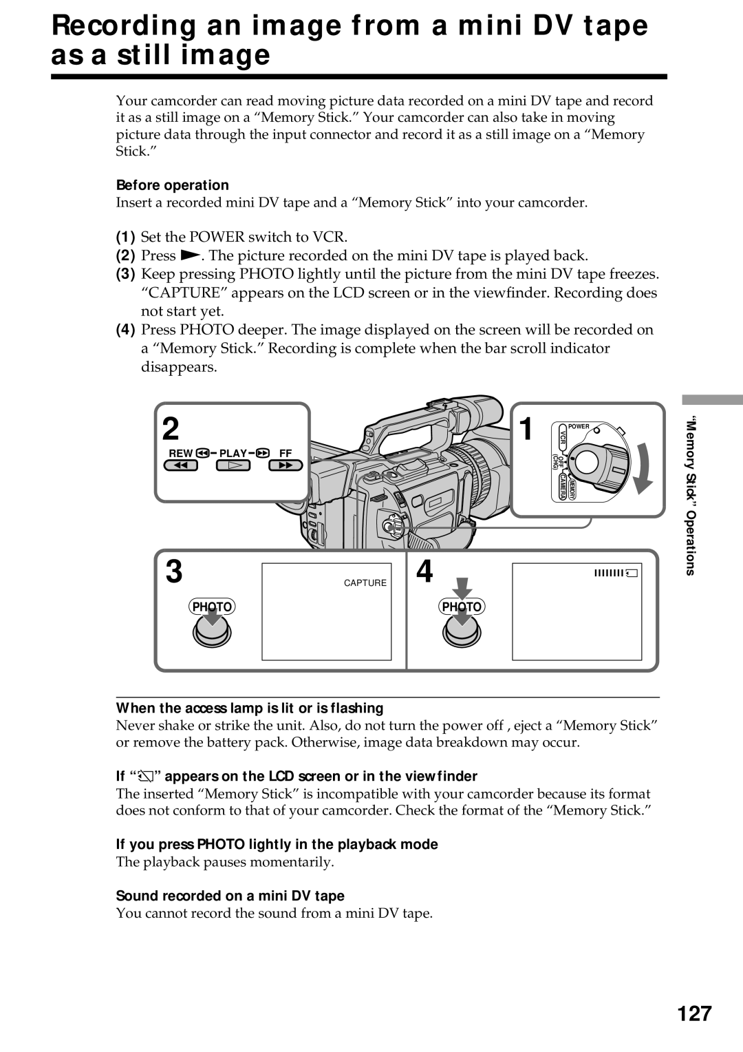 Sony DCR-VX2000 operating instructions Recording an image from a mini DV tape as a still image, 127 