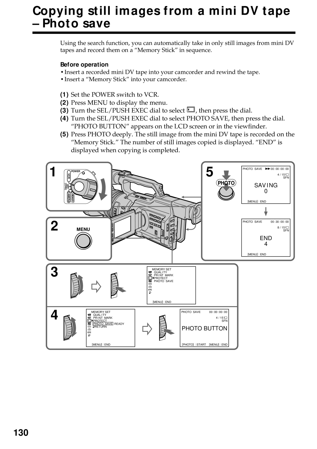 Sony DCR-VX2000 operating instructions Copying still images from a mini DV tape Photo save, 130 