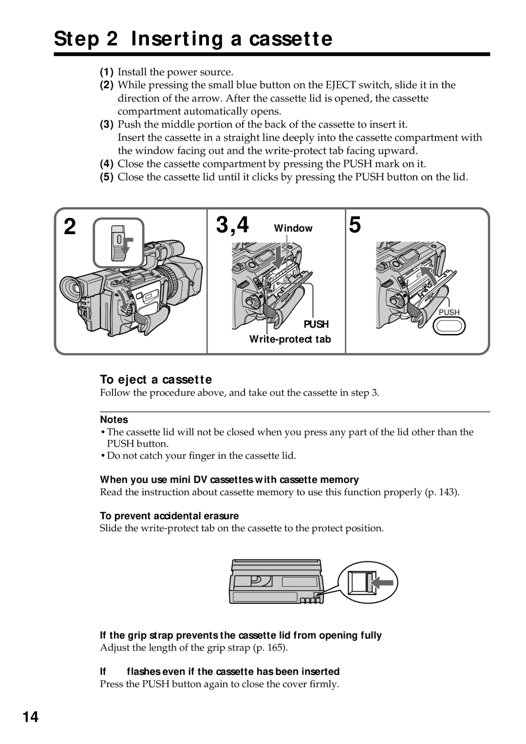 Sony DCR-VX2000 operating instructions Inserting a cassette, To eject a cassette 