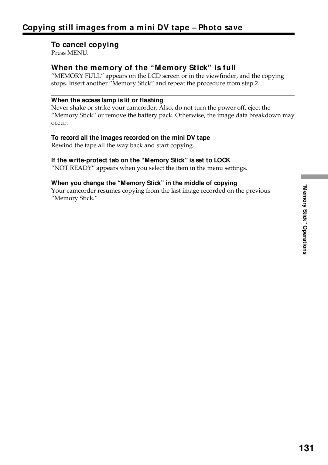 Sony DCR-VX2000 operating instructions 131, Copying still images from a mini DV tape Photo save, To cancel copying 