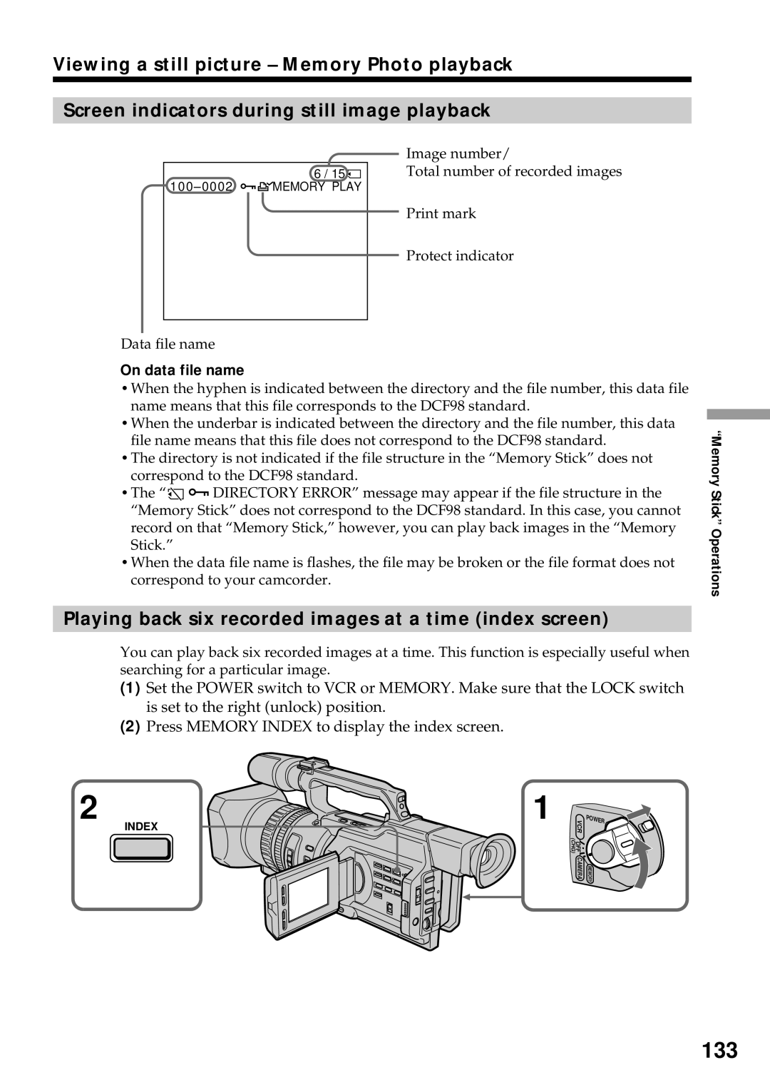 Sony DCR-VX2000 operating instructions 133, Playing back six recorded images at a time index screen, On data file name 