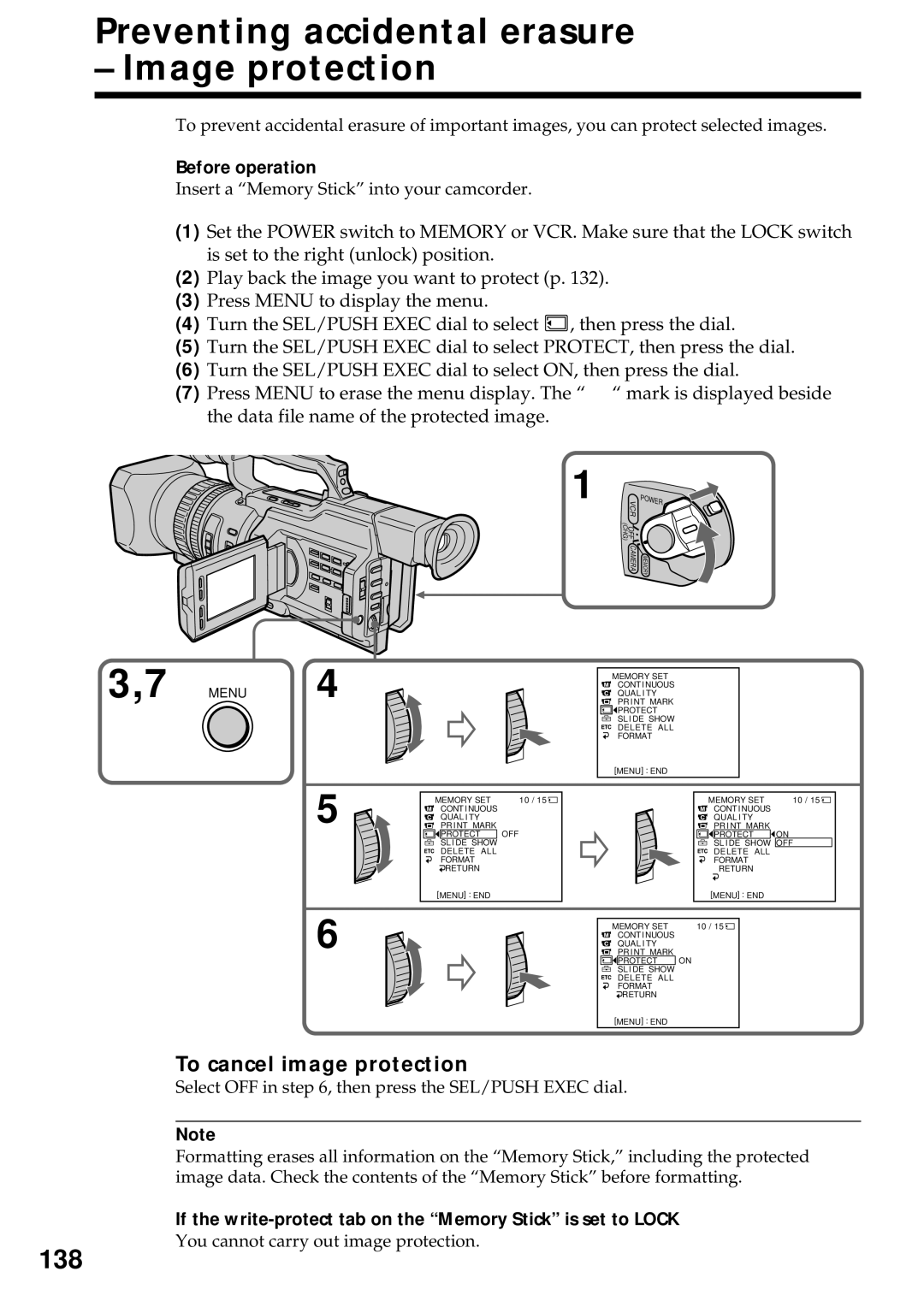 Sony DCR-VX2000 operating instructions Preventing accidental erasure Image protection, 138, To cancel image protection 