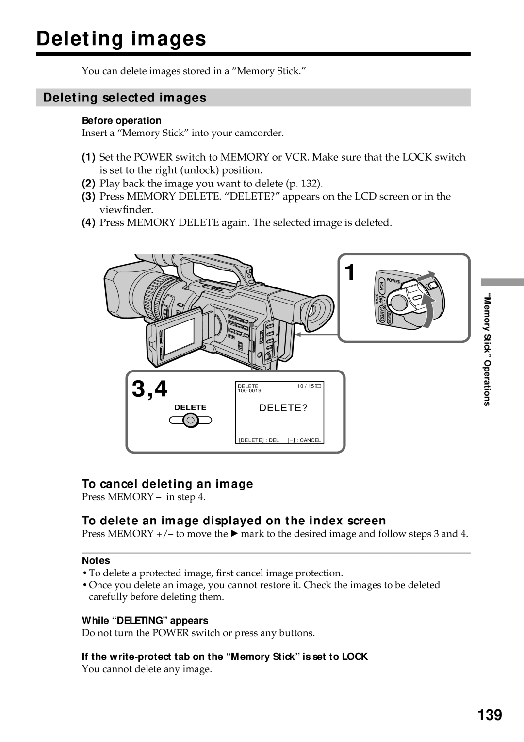 Sony DCR-VX2000 operating instructions Deleting images, 139, Deleting selected images, To cancel deleting an image 