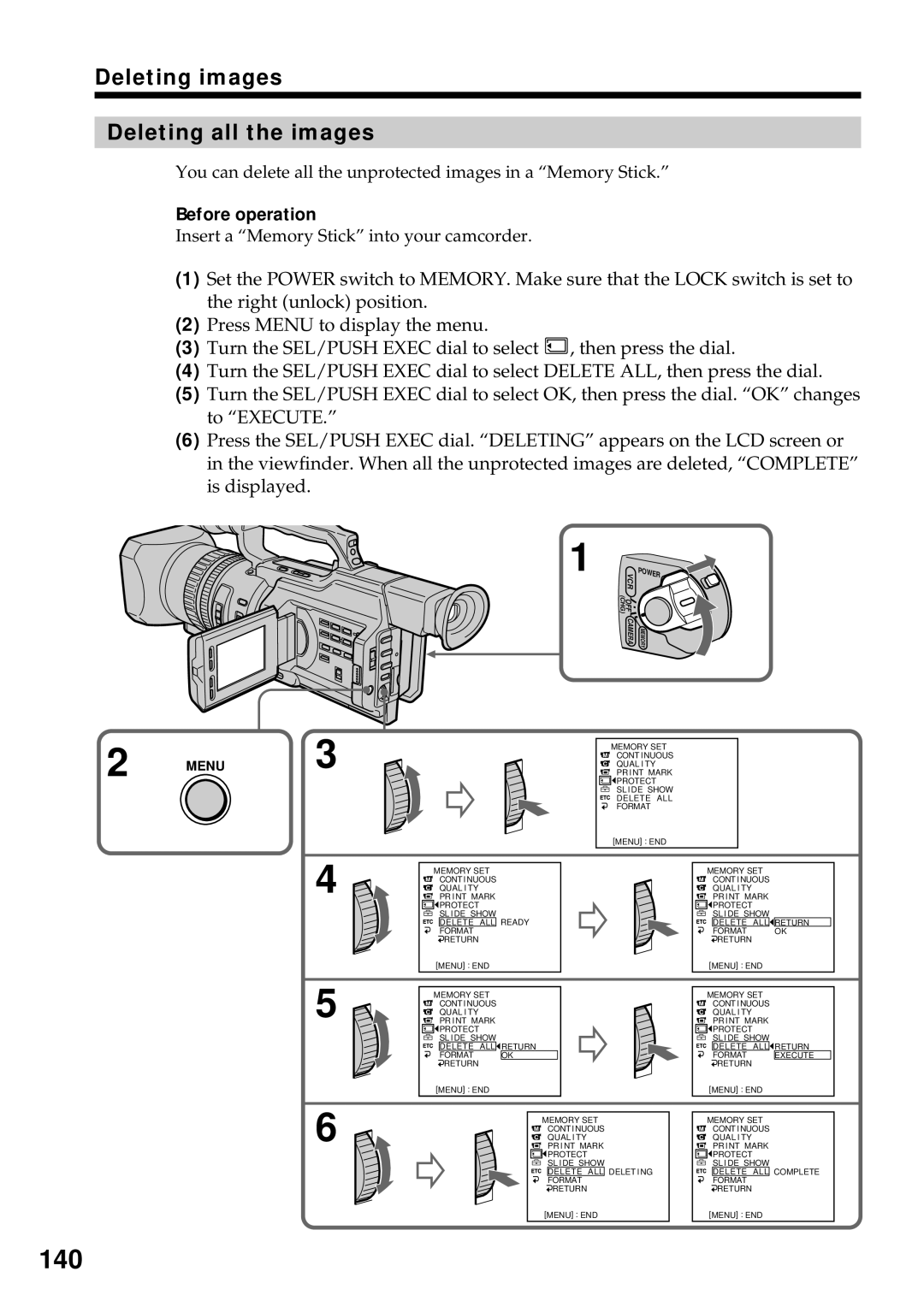 Sony DCR-VX2000 operating instructions 140, Deleting images Deleting all the images 