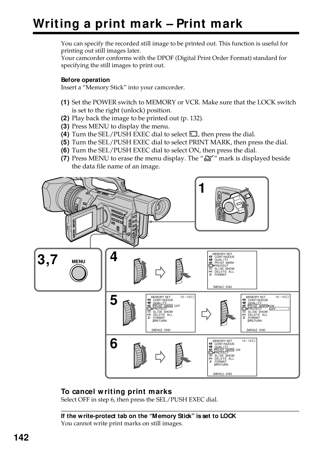 Sony DCR-VX2000 operating instructions Writing a print mark Print mark, 142, To cancel writing print marks 